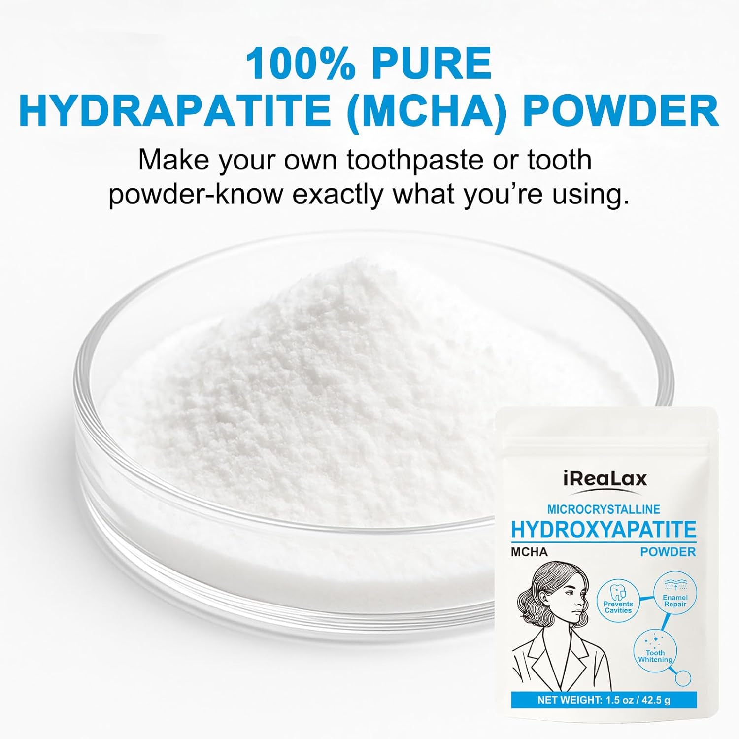 100% Pure Microcrystalline Hydroxyapatite Powder 42.5g (1.5 oz) | Non-Nano MCHA Micro Hydroxyapatite Powder for Teeth | DIY Toothpaste, Teeth Whitening & Soap Making