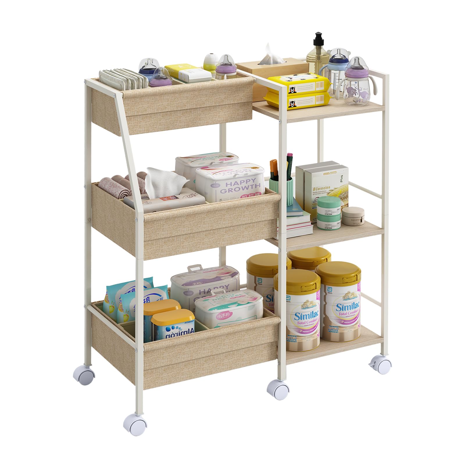 Carrito organizador de pañales para bebé Marbyraz, carrito con ruedas de 3 niveles, divisores y estantes, carrito utilitario de noche para artículos esenciales de guardería, carrito de almacenamiento móvil de gran capacidad para cuna y dormitorio