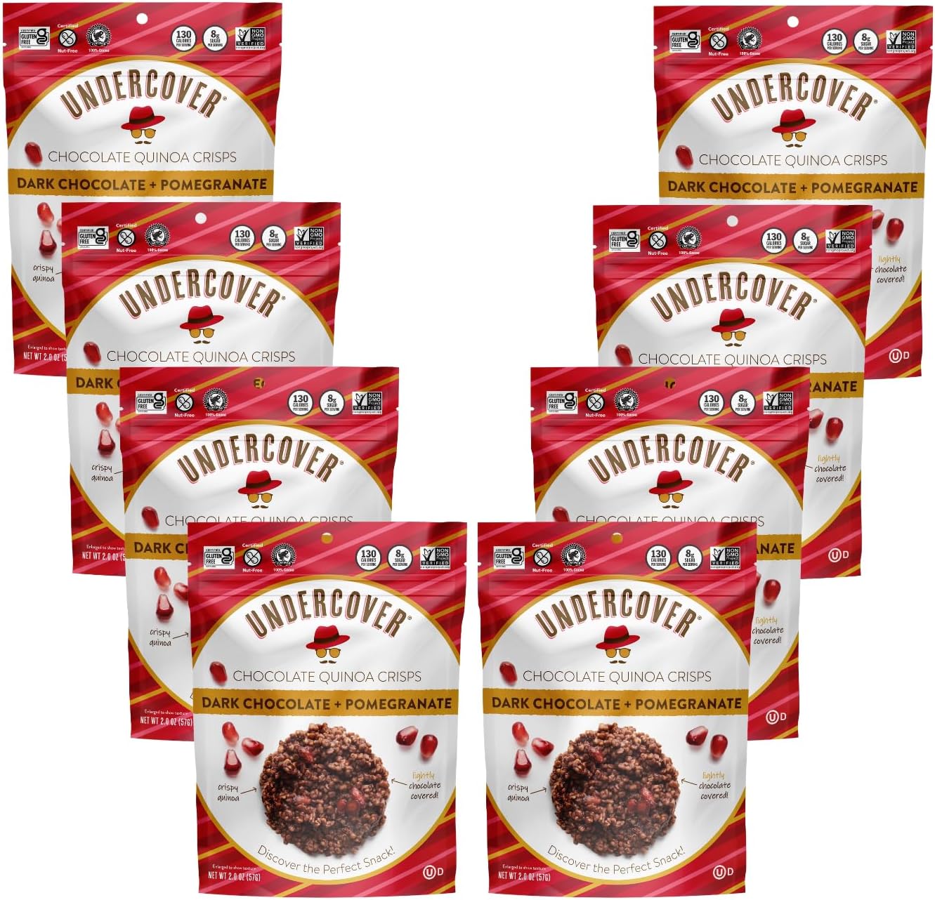 Undercover Chocolate Quinoa Crisps - Dark Chocolate + Pomegranate Quinoa Crisps | 8-Pack, 2oz Bags | Gluten Free, Nut-Free, Allergen Friendly, Kosher, Plant-Based