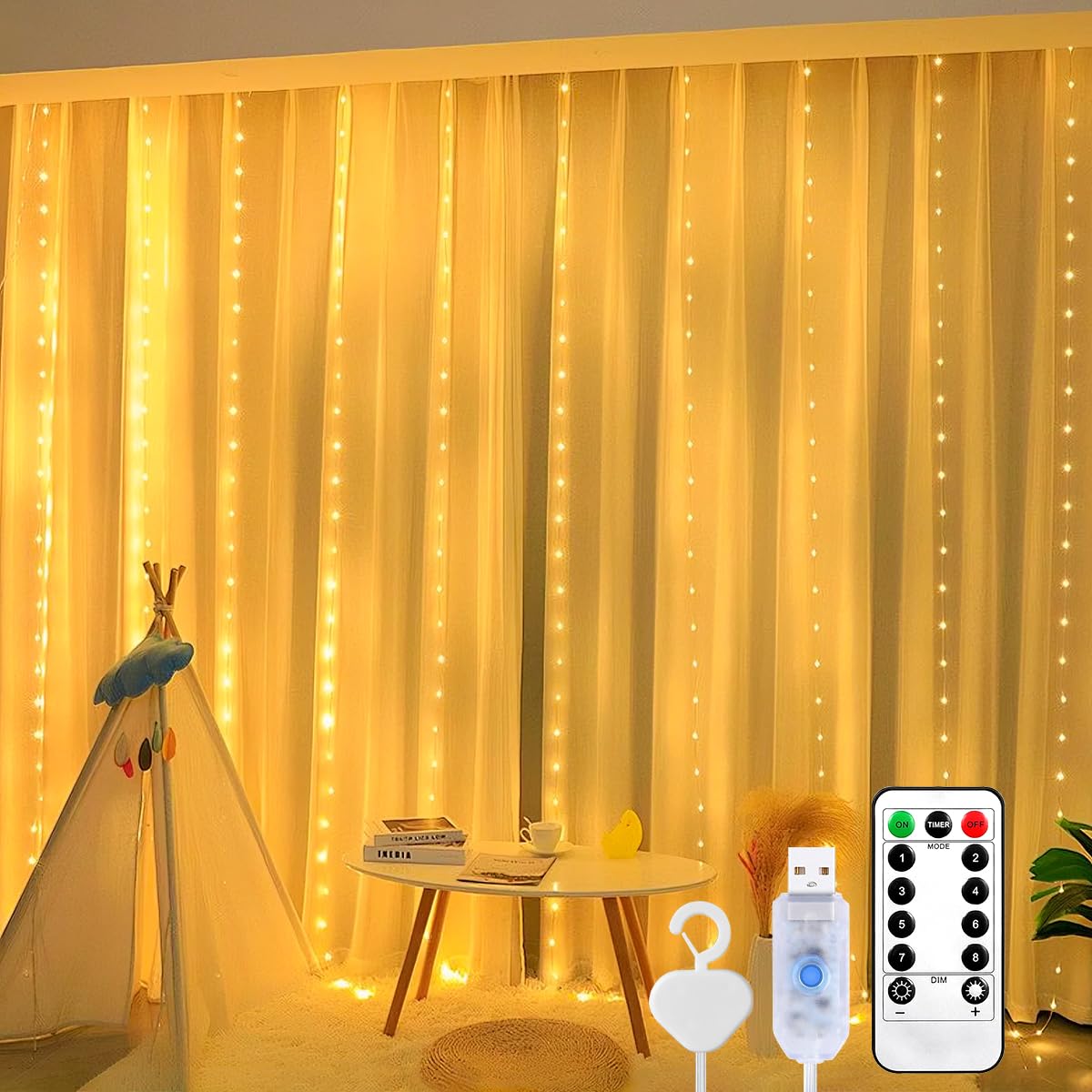 200 LED Light Curtain, Warm White, 3 m x 2 m Fairy Lights Curtain, USB, 8 Modes, LED Fairy Lights with 10 Hooks, Remote Control, Timer, Adjustable Brightness for Indoor and Outdoor Decoration, Party