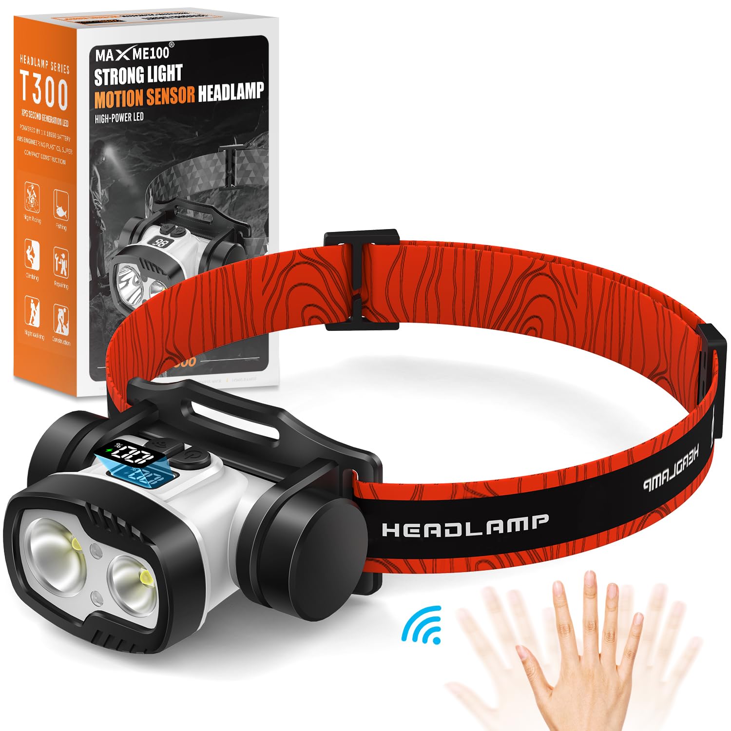 MAXME100 Dual Beam Headlamp 6000K, Floodlight and Spotlight, Digital Battery Display, Rechargeable, IP68 Waterproof