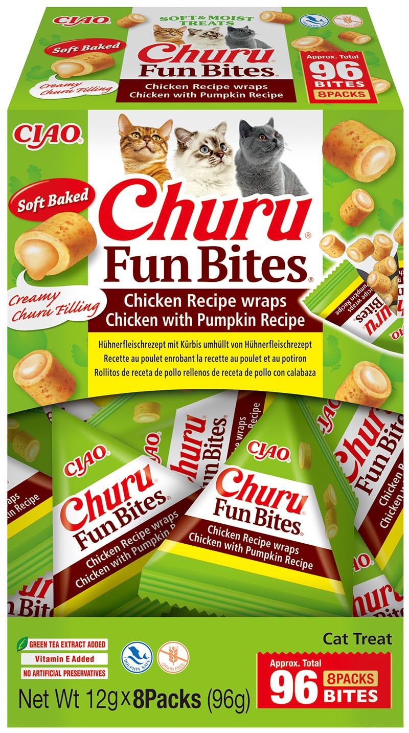 INABA Churu Fun Bites wysokiej jakości białka z 56% kurczakiem, bez zbóż, bez cukru, smakołyki dla kotów, bez produktów ubocznych pochodzenia zwierzęcego, miękkie, pyszne smakołyki dla kotów w małych