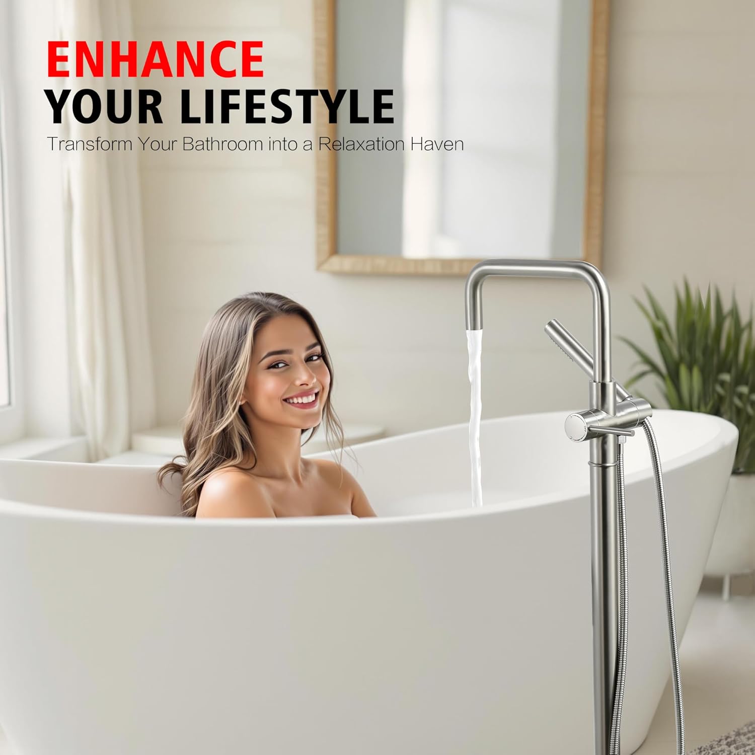 sumerain Modern Floor Mount Bathtub Faucet with Hand Shower, Brushed Nickel Freestanding Tub Faucet High Flow