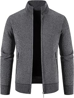 OULIWANGLUO Men Zippered Cashmere Knitted Cardigan Sweaters Full Zip Up Stand Collar Slim Fit Cable Sweater Jacket with Pocket