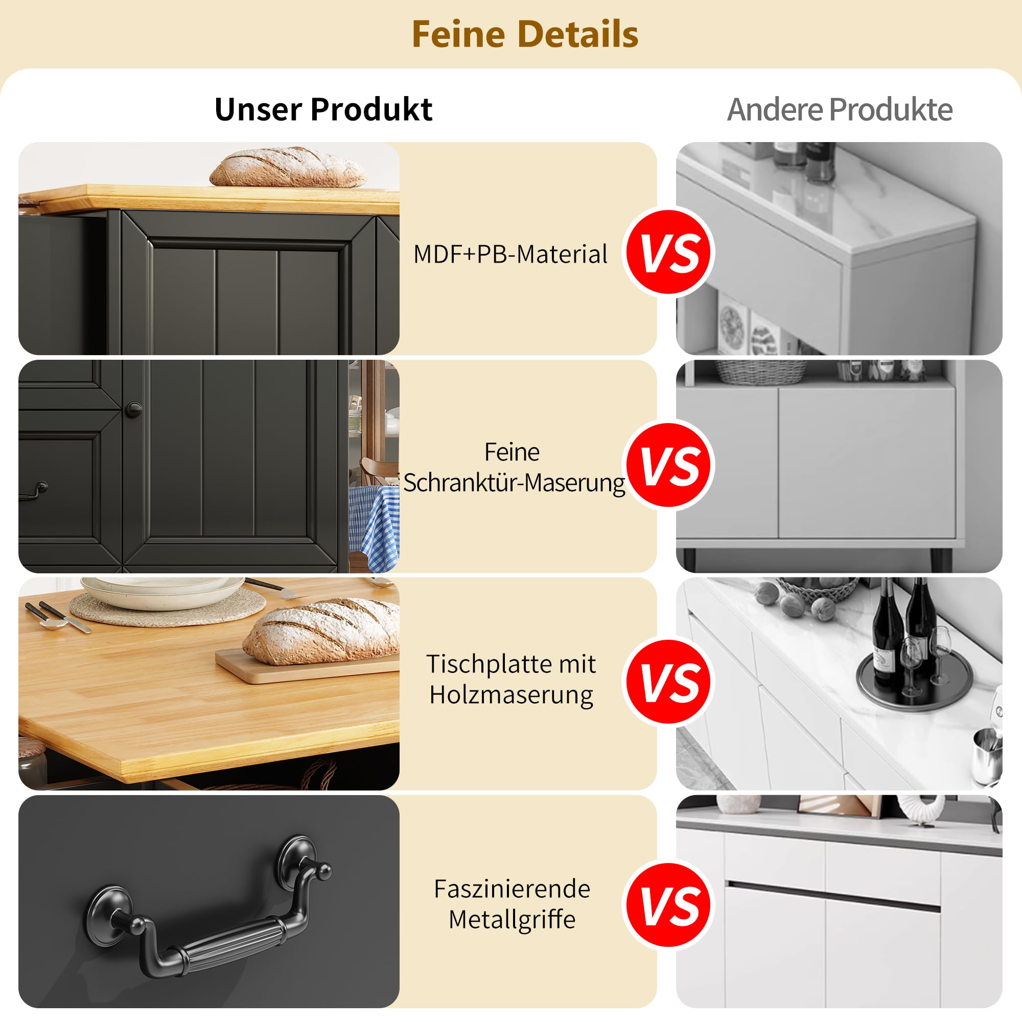 Isola cucina su rotelle, isola cucina allungabile con 2 ante e 5 cassetti, carrello da cucina con portasciugamani e portaspezie per cucina, sala da pranzo, mobile buffet, nero