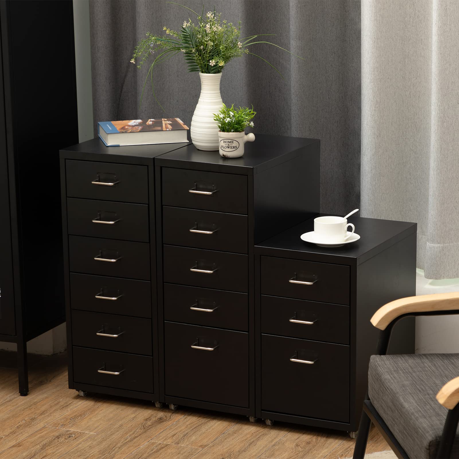 HollyHOME Gabinete de Archivos móvil, Organizador de Archivos con Ruedas para Debajo del Escritorio de 3 cajones, gabinete de Almacenamiento de Metal con Ruedas para el hogar y la Oficina, Negro