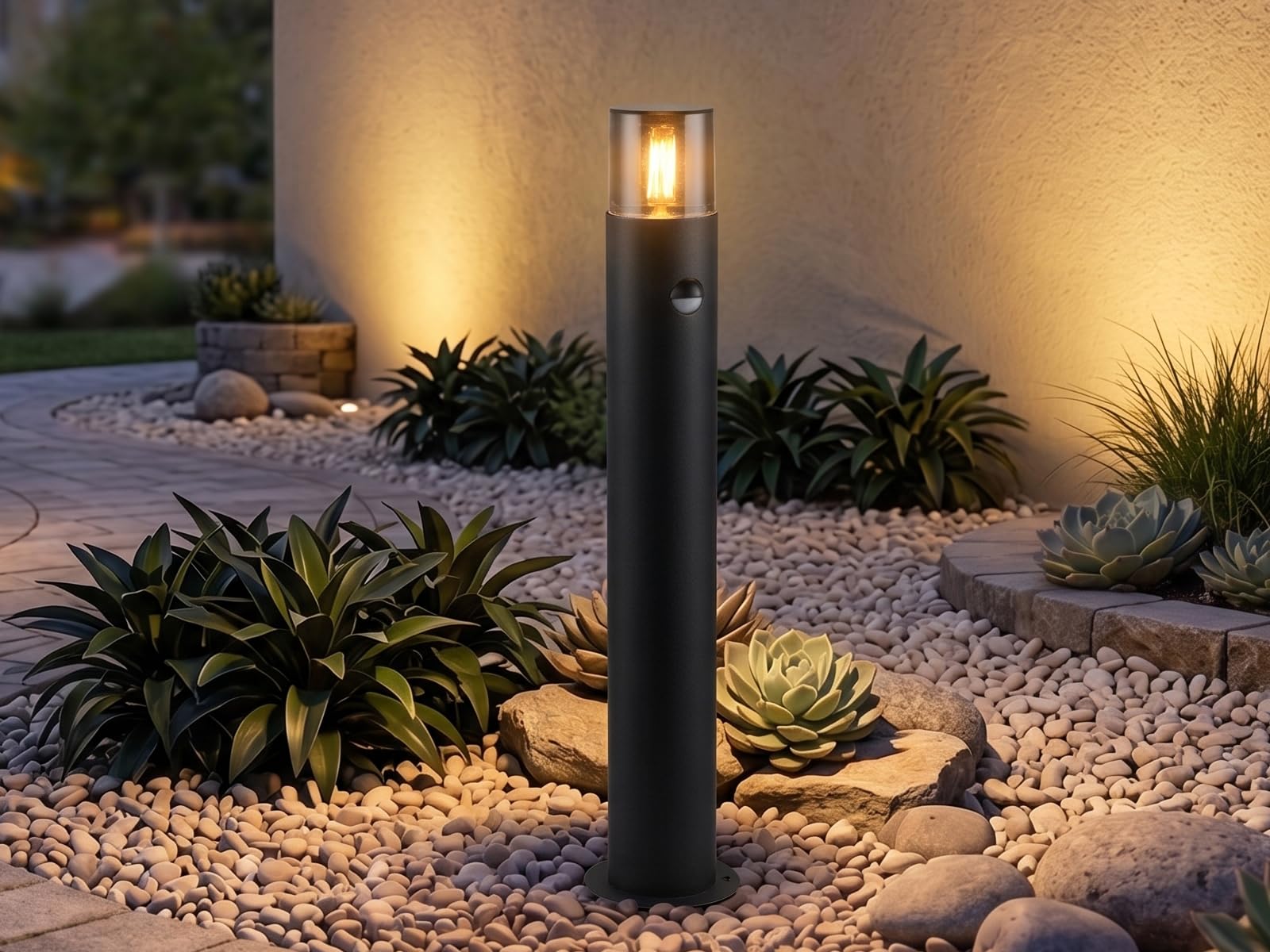 meineWunschleuchte Wege-Leuchte mit Bewegungsmelder Schwarz Rauchfarbig | mit E27 LED, Höhe 80cm, aus Aluminium, moderne Pollerleuchte, Schutzklasse IP44, für Wegbeleuchtung Garten Außen