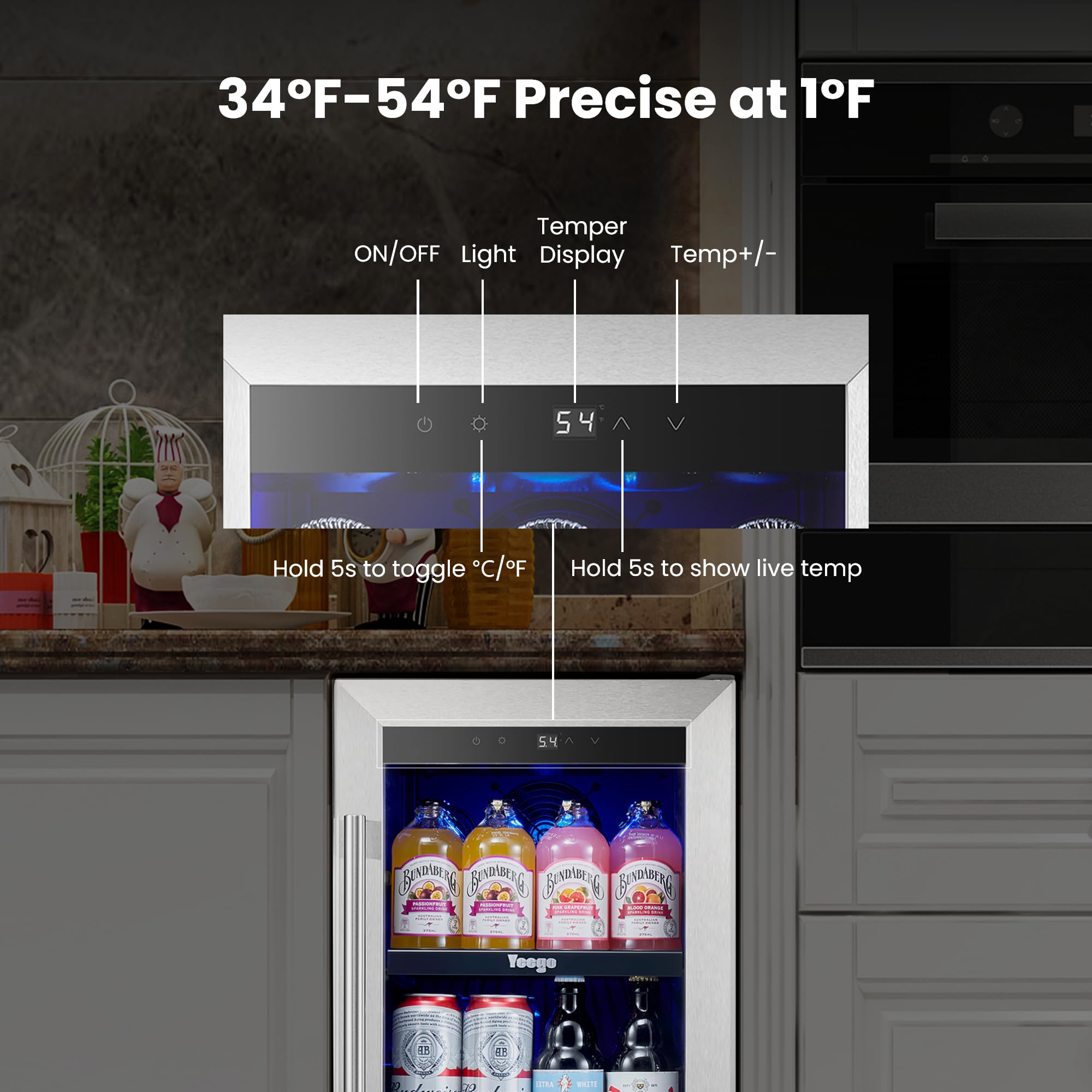 YEEGO Beverage Refrigerator Cooler - 15 Inch 100 Cans Mini Fridge With Glass Door, 34-54 ℉ Drink Cooler, Built-In Or Freestanding For Wine Beer Soda Bar Office Home Dorm on Fridge.com - View 2
