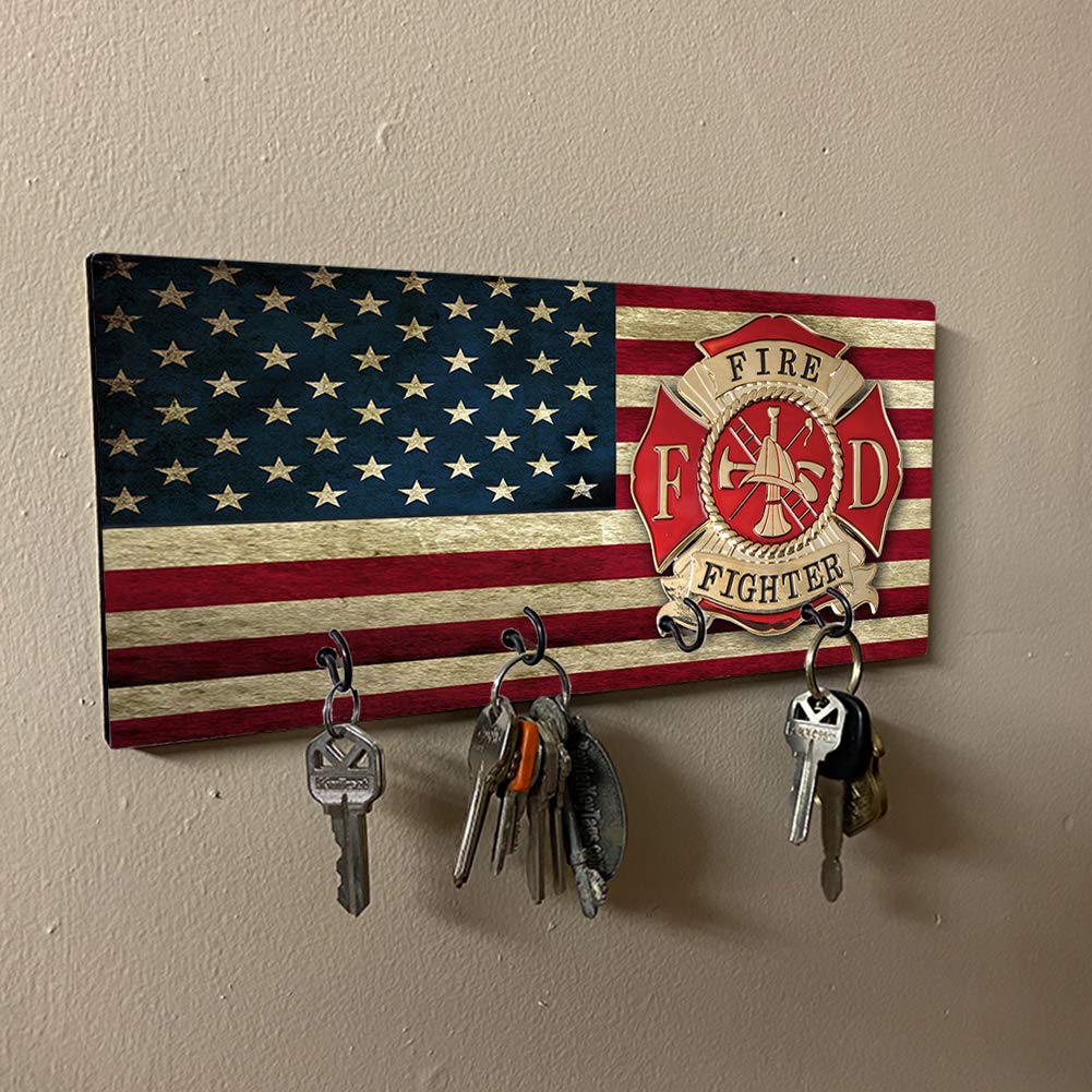 Firefighter Offset Maltese Cross American Flag Design Key Holder Organizer Wall Mount Rack for Holders The Home Keys Ring Decorative Hangers Decor Hook Hanger