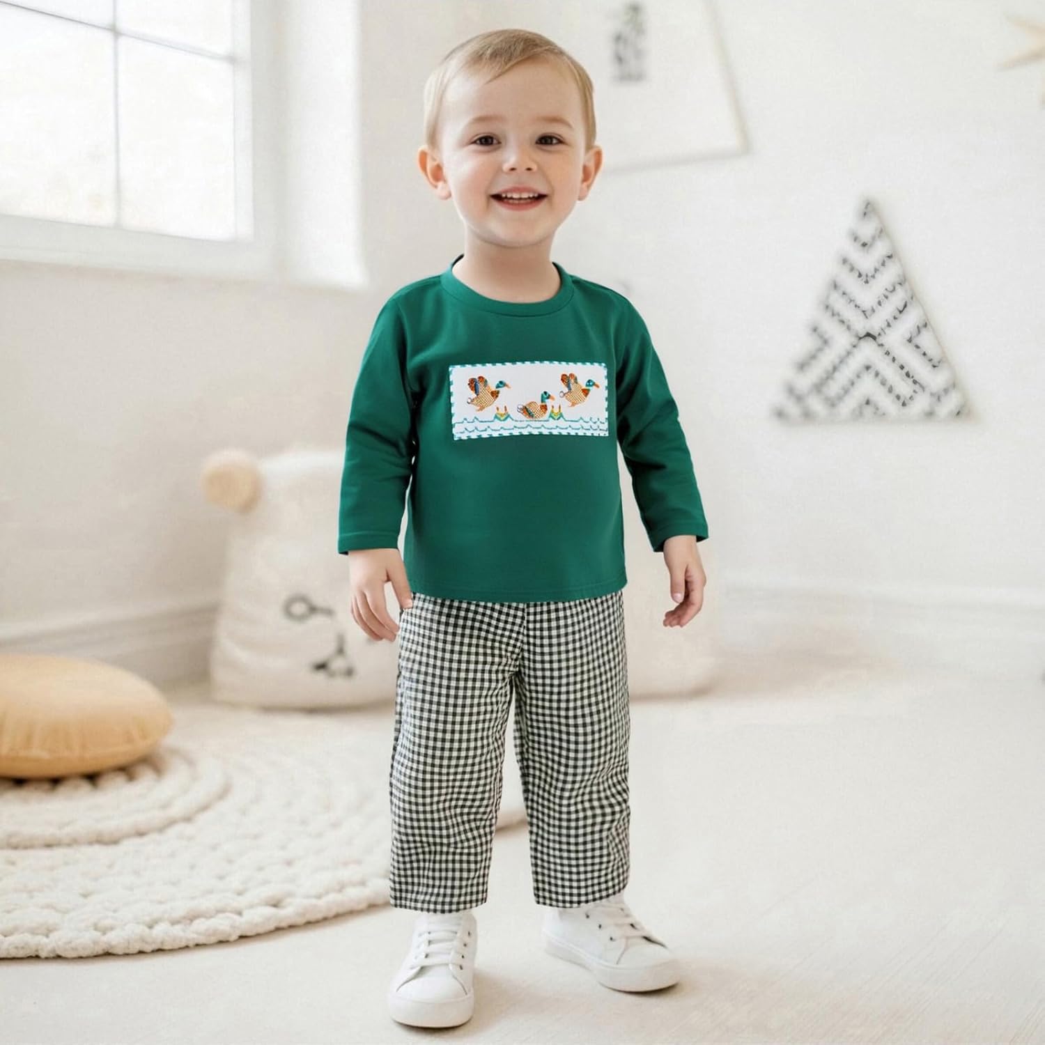 Toddler Baby Boy Hunting Outfit Long Sleeve Mallard Duck Sweatshirt T-shirt Gingham Pants Two Piece Smocked Clothes - Image 7