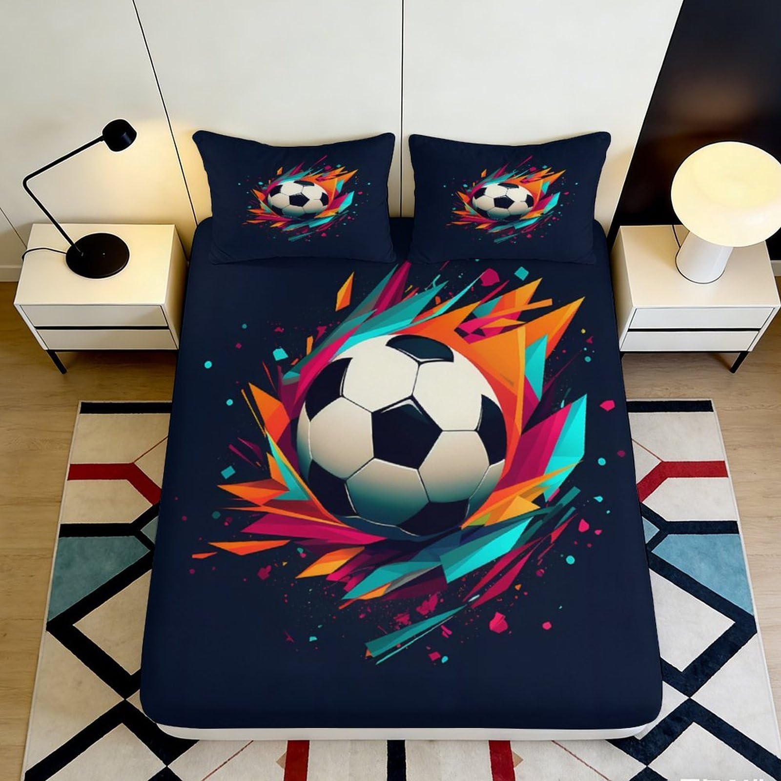 3D Printed Vibrant Soccer Fitted Sheet Microfiber Soft Breathable Graffiti Football Mattress Cover for Bedroom Dorm Decor 90x200x25cm