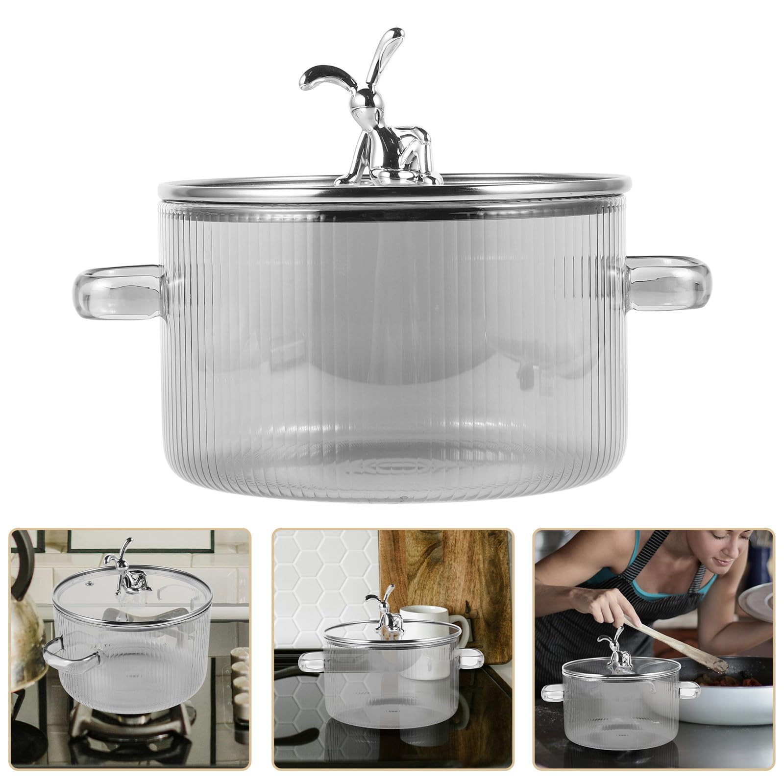 Pentola in Vetro a Tema Coniglio da 1500ml, Pentola per Zuppa con Coperchio, Multiuso e Stabile, per Cucina Casalinga e Preparazione di Zuppe e Brodi