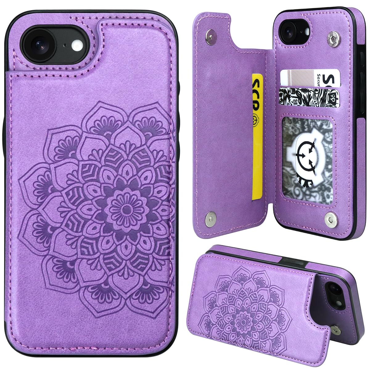 MMHUO for iPhone 16e Case with Card Holder,Flower Magnetic Buttons Protective Wallet Case for Women for iPhone 16e 2025,Purple