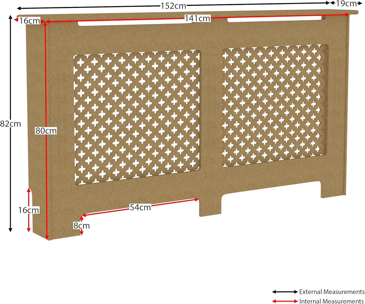 Diagram showing external and internal dimensions of the radiator cover