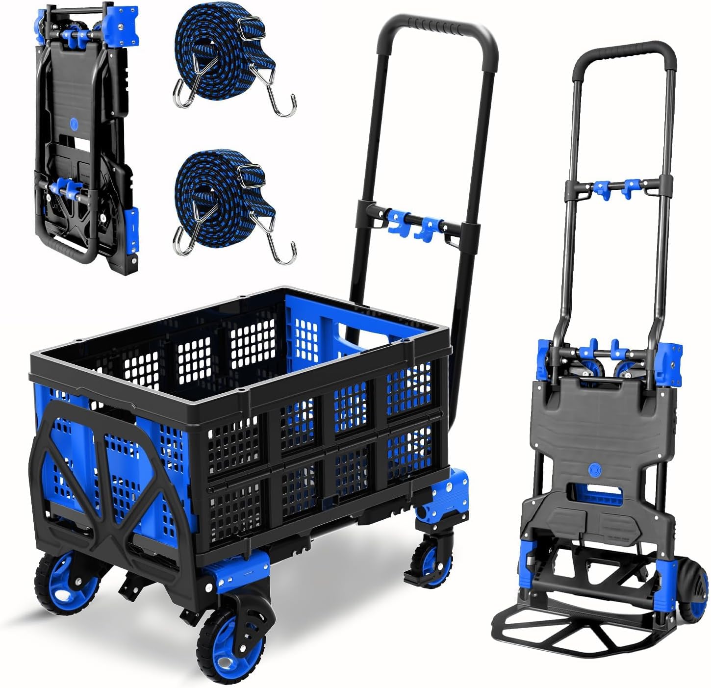 2-in-1 Hand Truck Dolly with Folding Basket, 330LB Heavy Duty Carrying Portable Handtruck, Folding Hand Dolly with 4 Wheels&Retractable Handle for Moving, Luggage, Shopping, Office