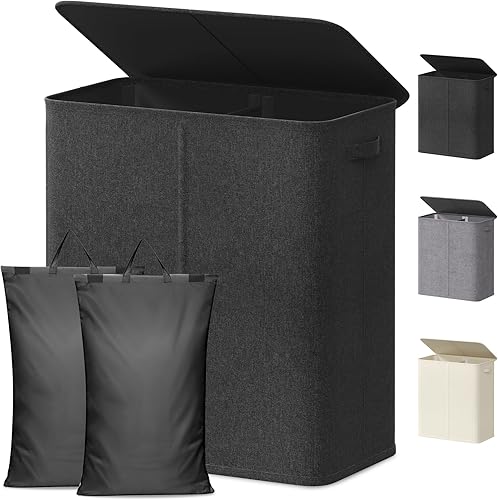Miniatura 20 de Lifewit Cesta de lavandería doble con tapa y bolsas de lavandería extraíbles, gran plegable, 2 divisores, cesta de ropa sucia con asas para Negro
