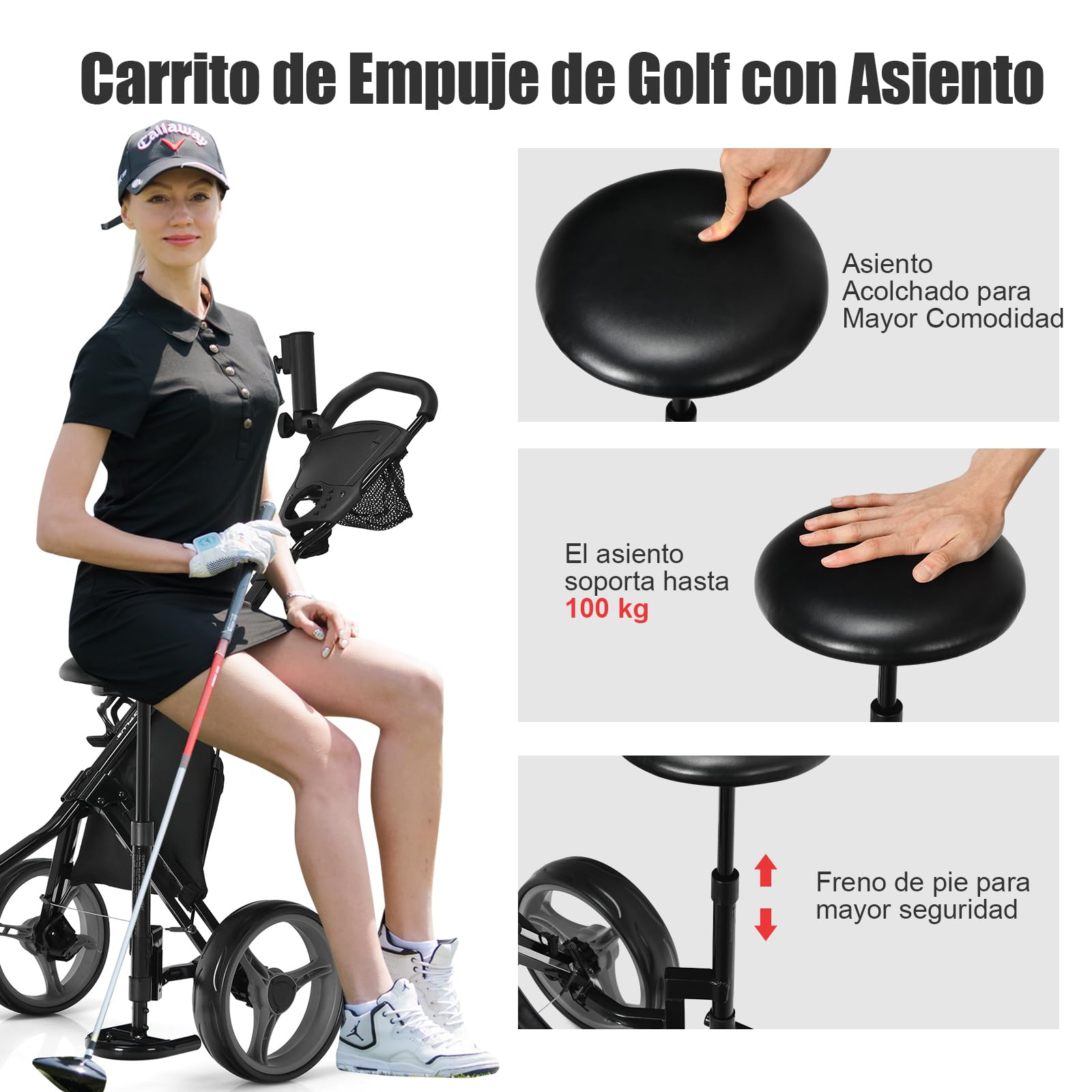 GYMAX Carro de Golf Plegable 3 Ruedas con Altura Ajustable y Portabebidas