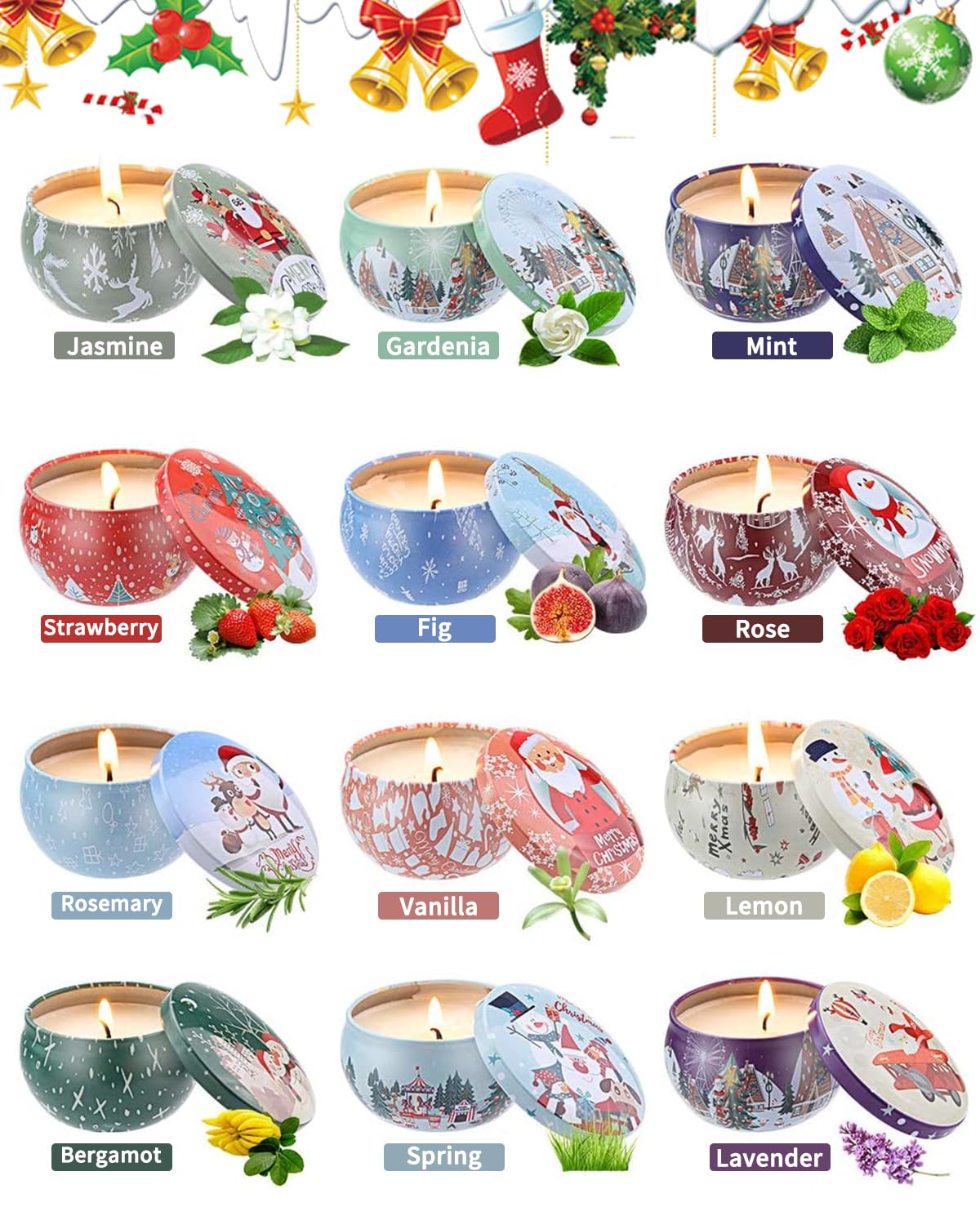 Christmas Scented Candle Gift Set, Velas Perfumadas Juego de 12 Piezas, Vela perfumada de Cera de Soja 100% Natural, Adecuada para Navidad, baño, Yoga, para relajar el Cuerpo, Aliviar el Estrés