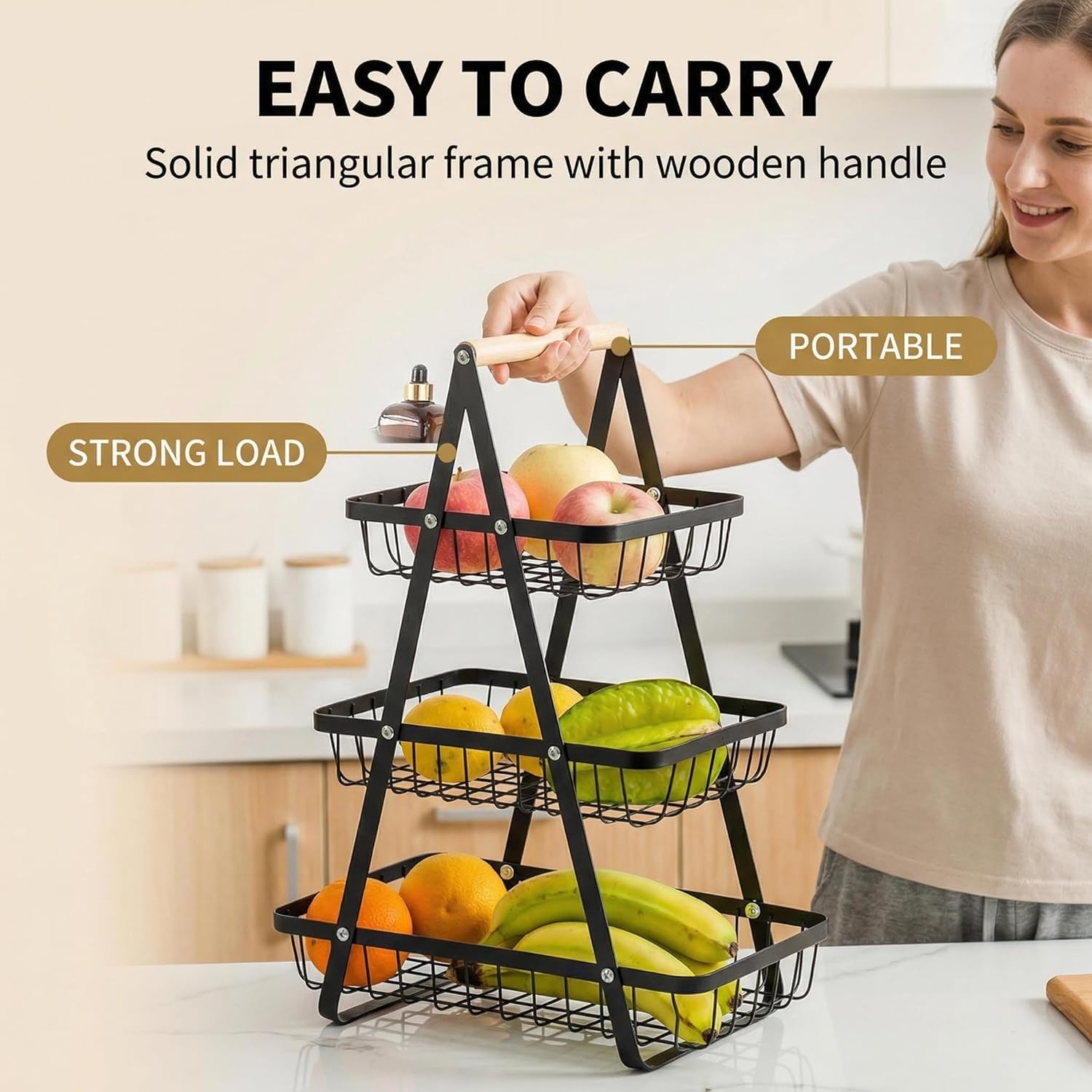 3-stöckige Obst Etagere aus Metall – großer Obstkorb schwarz mit abnehmbarer Obstschale, moderner Obsthalter für Küche, vielseitiger Ablagekorb mit Holzgriff, ideal für Obst, Gemüse, Brot und Snacks