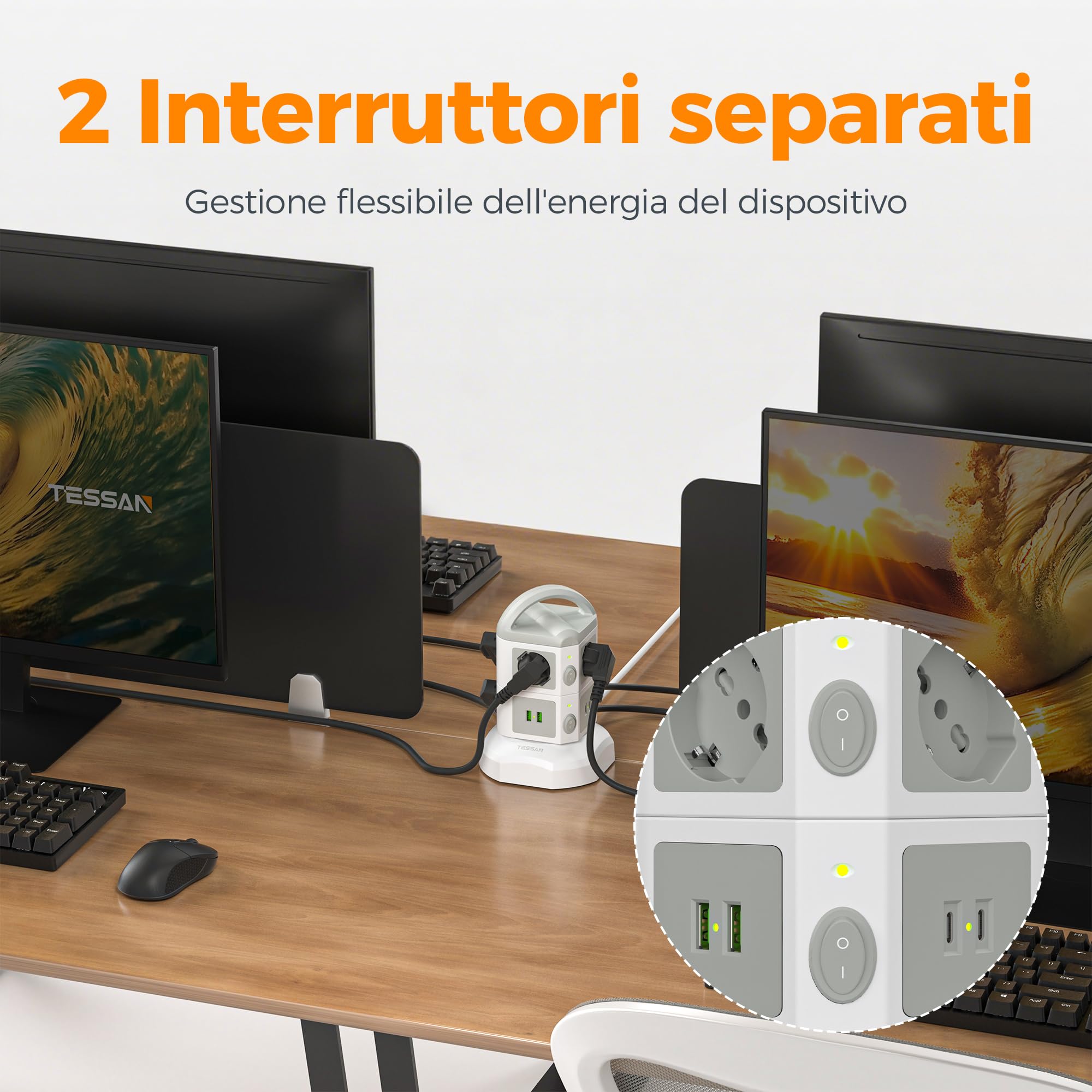 TESSAN Prolunga Retrattile 5M, Ciabatta Multipresa con 2 USB C, 6 Prese | Multipresa Verticale con 2 Interruttori Indipendenti, Girgio