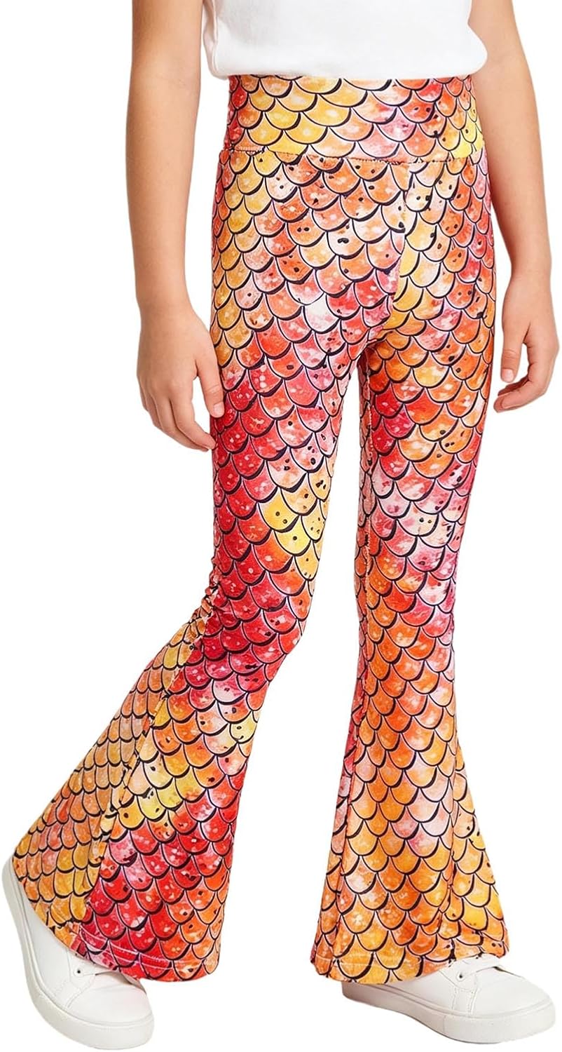 Girls Bell Bottoms Hippie Pants Flare Leggings High Waist Fish Scale Print Dance Trousers Gym Wear