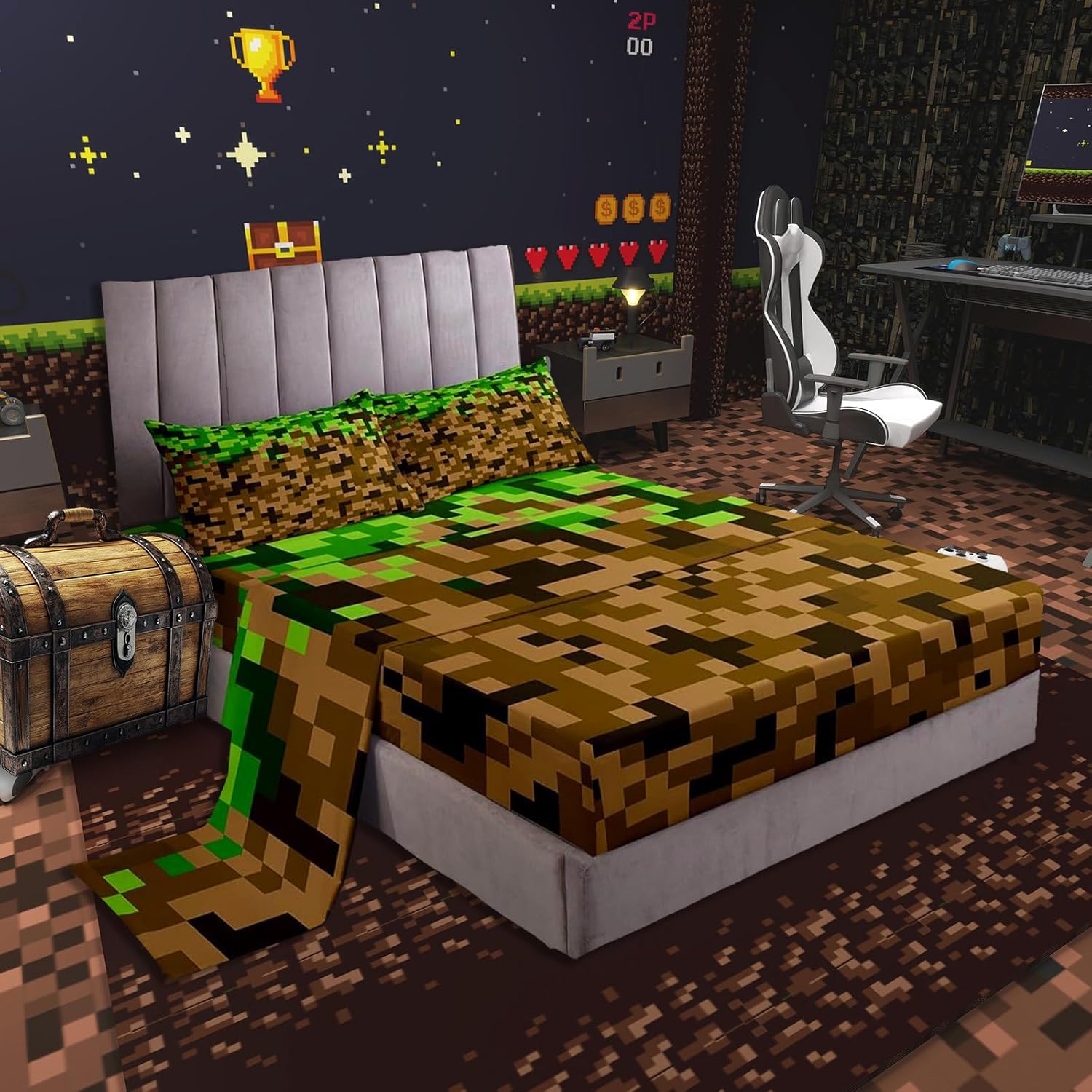 Miner Style Square Grid Bed Sheets King Size,Brown Green Army Camo Bedding Sets for Kids Boys Teens Men Room Decor,Cartoon Gamepad Modern Fitted Sheet Pixelated Games Top Flat Sheet 4Pcs