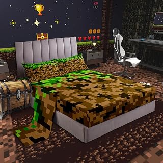 Miner Style Square Grid Bed Sheets King Size,Brown Green Army Camo Bedding Sets for Kids Boys Teens Men Room Decor,Cartoon Gamepad Modern Fitted Sheet Pixelated Games Top Flat Sheet 4Pcs