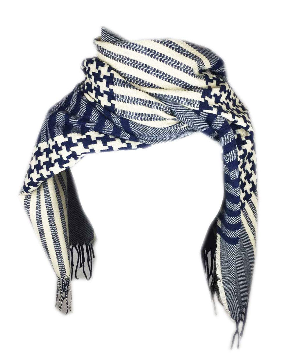 aesthetinc Oversized Houndstooth and Stripe Pattern Mix Fringe Knit Fashion Blanket Scarf Wrap Soft Warm