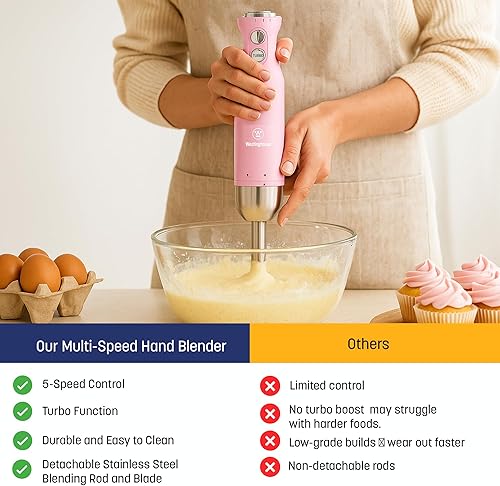 Miniatura 5 de Westinghouse Batidora de mano  Licuadora de inmersión de 5 velocidades con función turbo, hoja y varilla de acero inoxidable, 500 W de potencia,