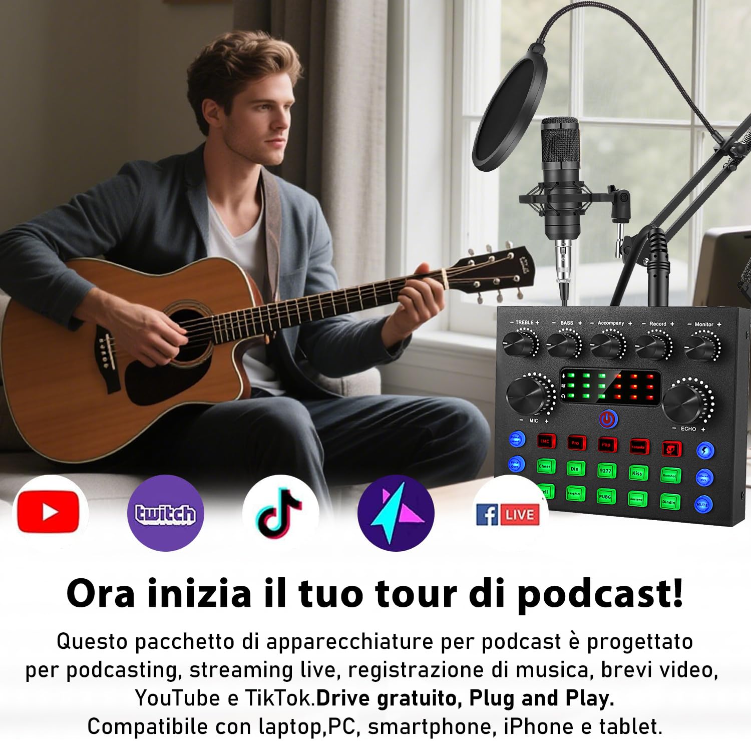 Pacchetto di attrezzature per podcast, pacchetto di studio di registrazione con microfono per podcast e cambia voce, interfaccia audio per computer portatile Streaming live YouTube TikTok