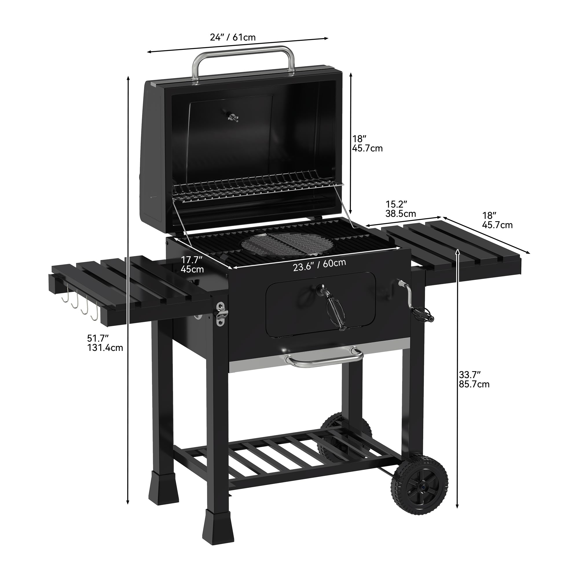 Grill węglowy, wytrzymały, z rusztem żeliwnym i regulowaną tacą na węgiel, przenośny, do ogrodu, na kemping, imprezy na świeżym powietrzu, zawiera żaroodporne rękawice i szczypce do grilla