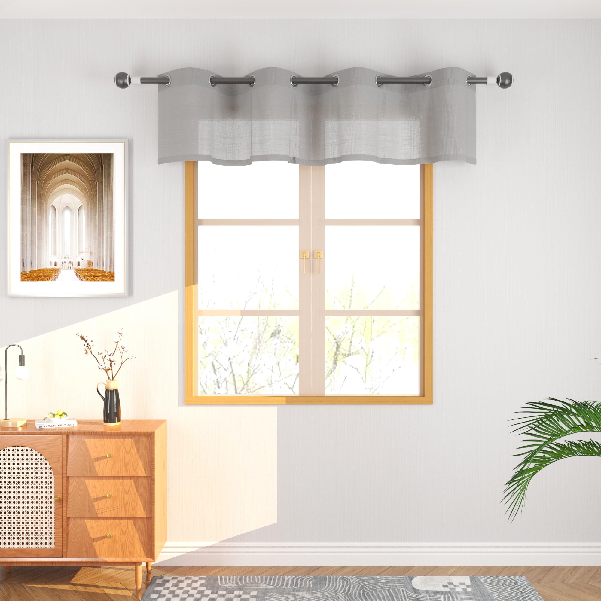 Cenefa gris para ventanas que da privacidad, cortina corta de lino UPOPO para baño
