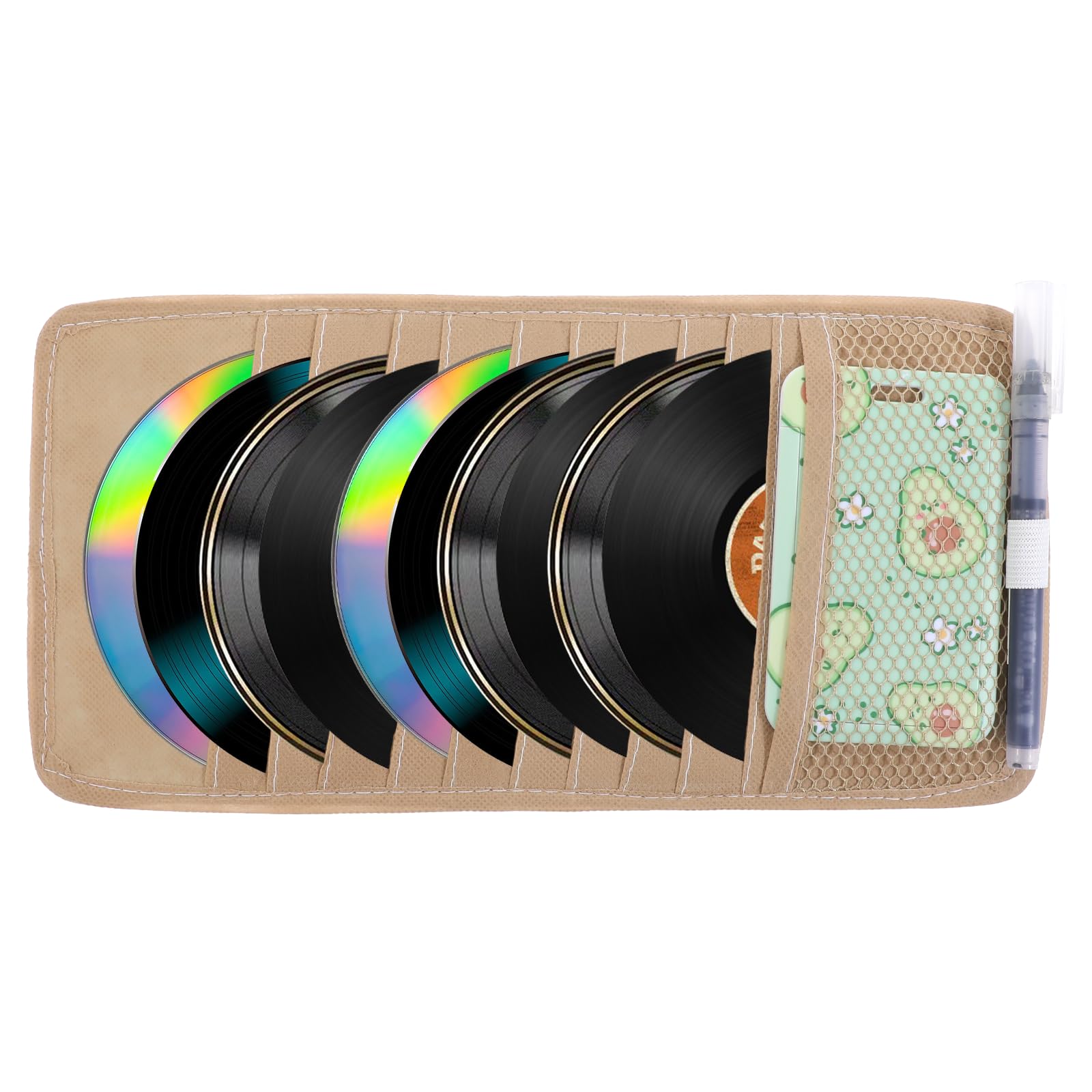 JJUNW Car CD Holder Storage Case, Car CD Case Holder, Car Truck SUV Visor Organizer, Khaki Large Capacity CD Visor Case with 10 DVD Storage Sleeves 1 Mesh Pocket 1 Pen Holder Elastic Strap