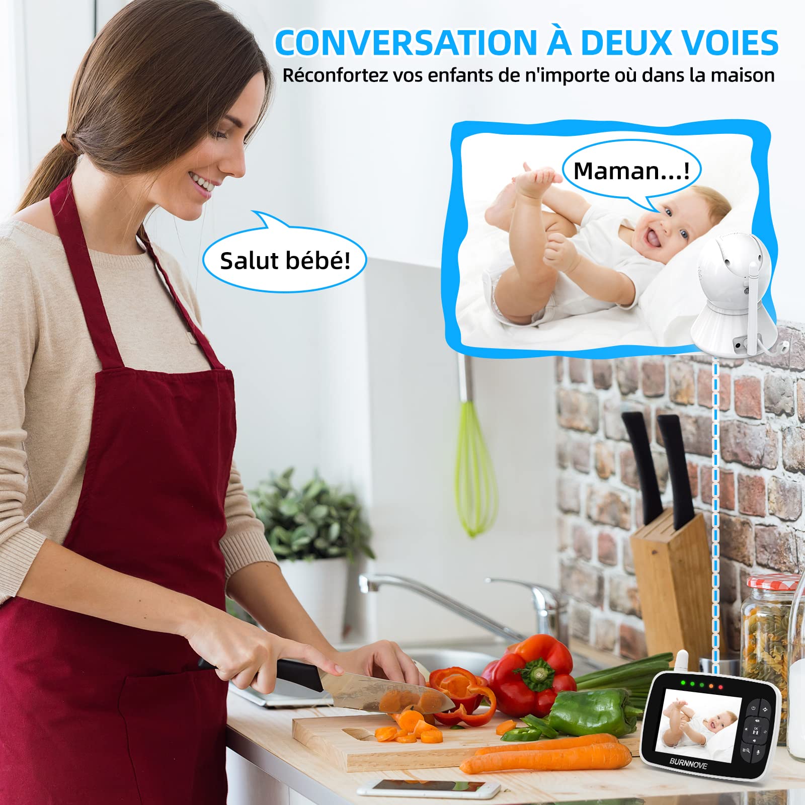 BURNNOVE Babyphone Camera Bébé 3,5 Pouces 720P PTZ ECO sans WiFi | Vision nocturne, caméra orientable 355°/120°, zoom 2X, audio bidirectionnel, température, 4 berceuses, 3 rappels