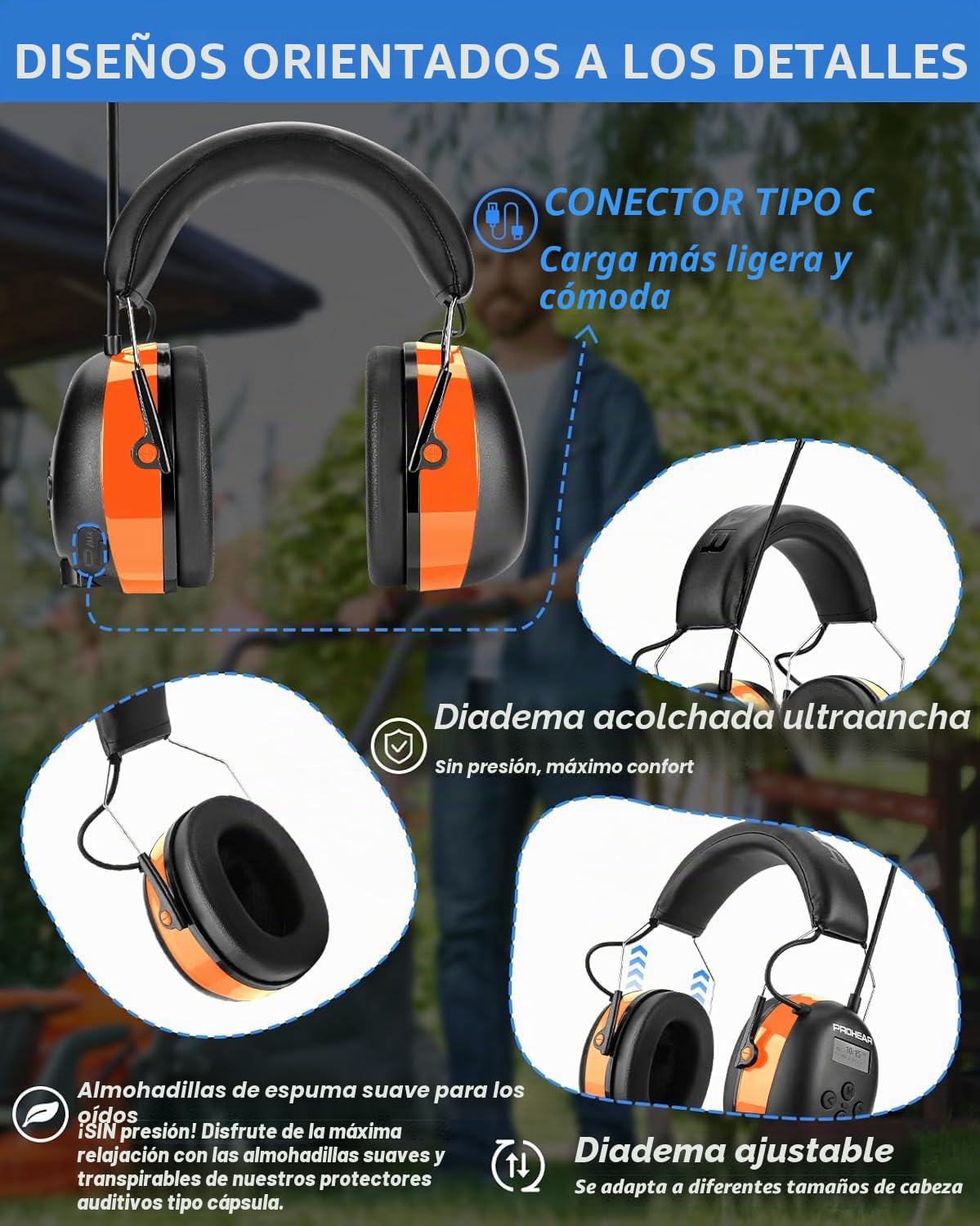 PROHEAR 033 Cascos Antiruido Bluetooth con Radio, Auriculares de Protección Auditiva FM/AM con Manos Libres, Cascos Insonorizacion para Jardín Césped Talleres Carpinteros Soldadura SNR 31dB Naranja