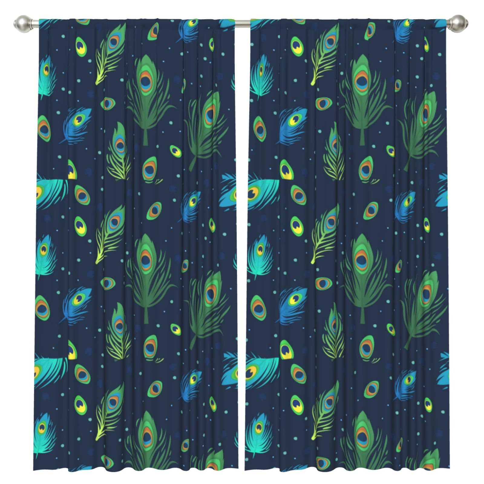 InOmak Peacock Feather Printed, 2 Panels Window Curtains 52 x 84 Inch Blackout Curtains for Living Room Bedroom