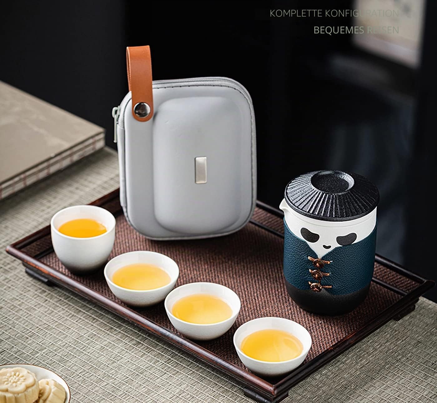 Reise Tee Set, niedliche Panda Tee Tasse mit tragbarer Tasche, 350ml Keramik Gongfu Teekanne mit 4 Keramik Teetassen, mit Tee Sieb. Verwenden Sie für Home Office, Geschenk für Teeliebhaber.