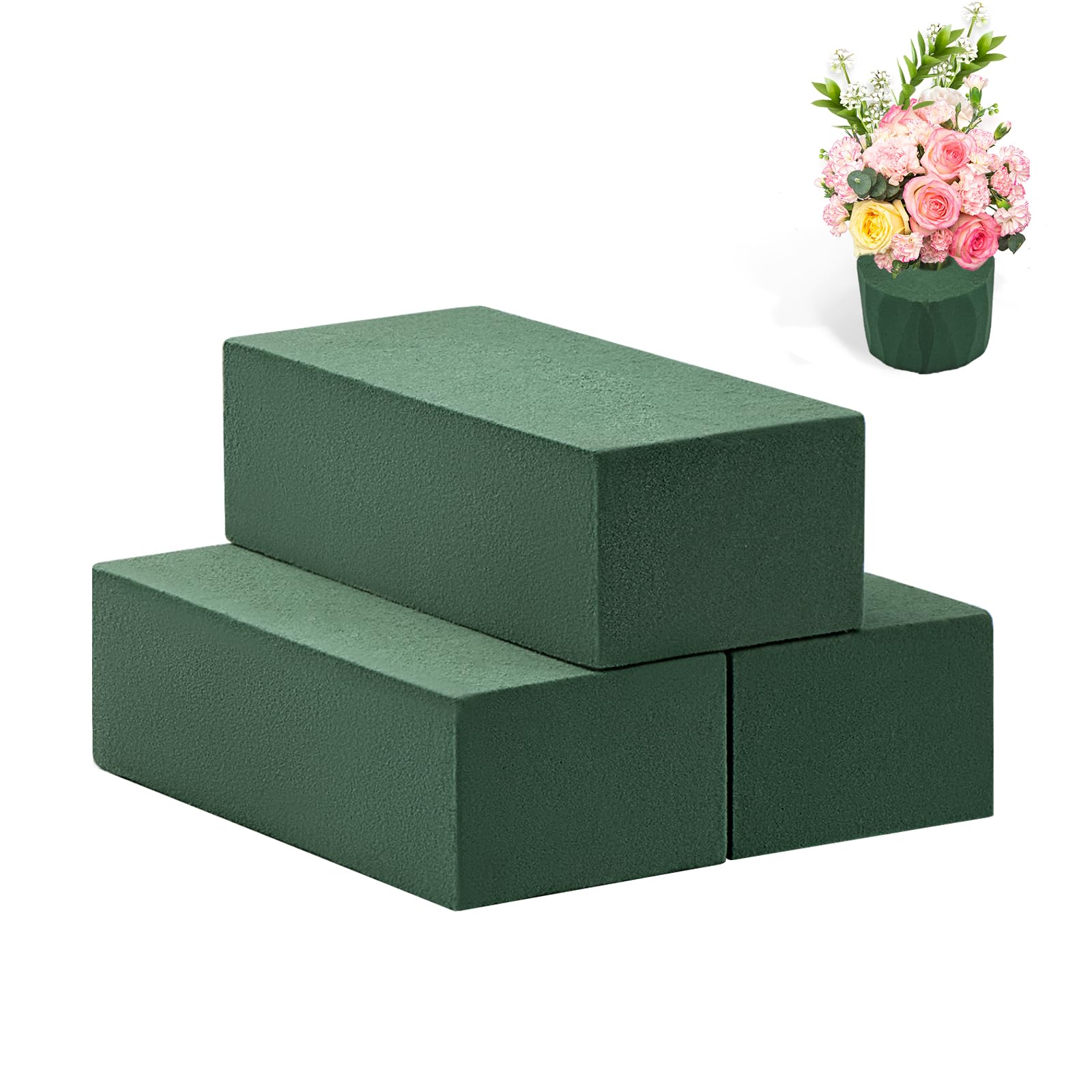 Tunnkit 3 Pcs Floral Foam Blocks，(7.8" L x 3.5" W x 2.4" H) Green Wet and Dry Flower Foam for Fresh and Artificial Flower Arrangement Plant Foam Bricks Florist Supplies Arts Crafts DIYs Wedding