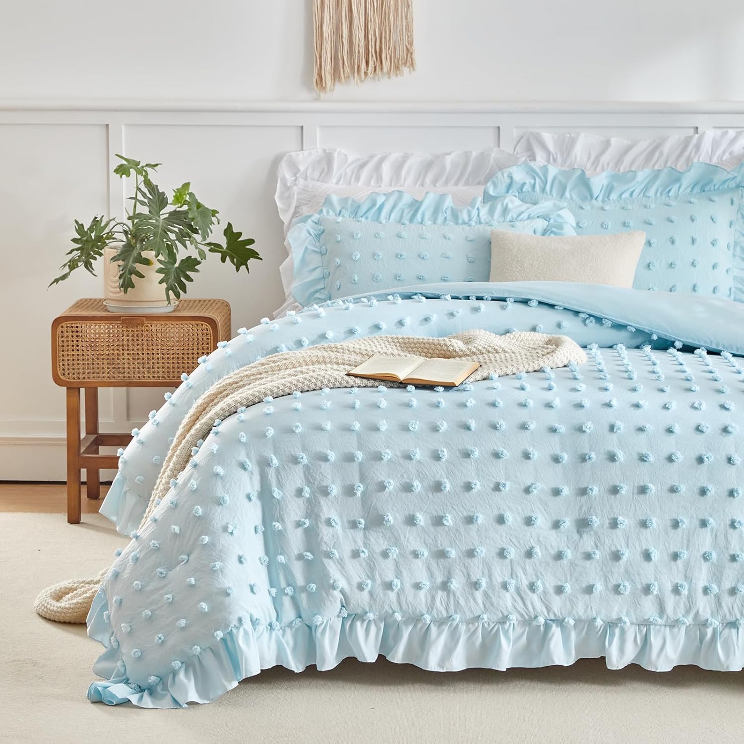 Flysheep Tufted Dots Ruffle Comforter Set Twin Size, 3 Pieces Blue Vintage Farmhouse Shabby Chic Comforters, Jacquard Boho Bohemian Bedding Set for Kids (1 Ruffled Comforter+ 2 Pillow Shams) - Image 3