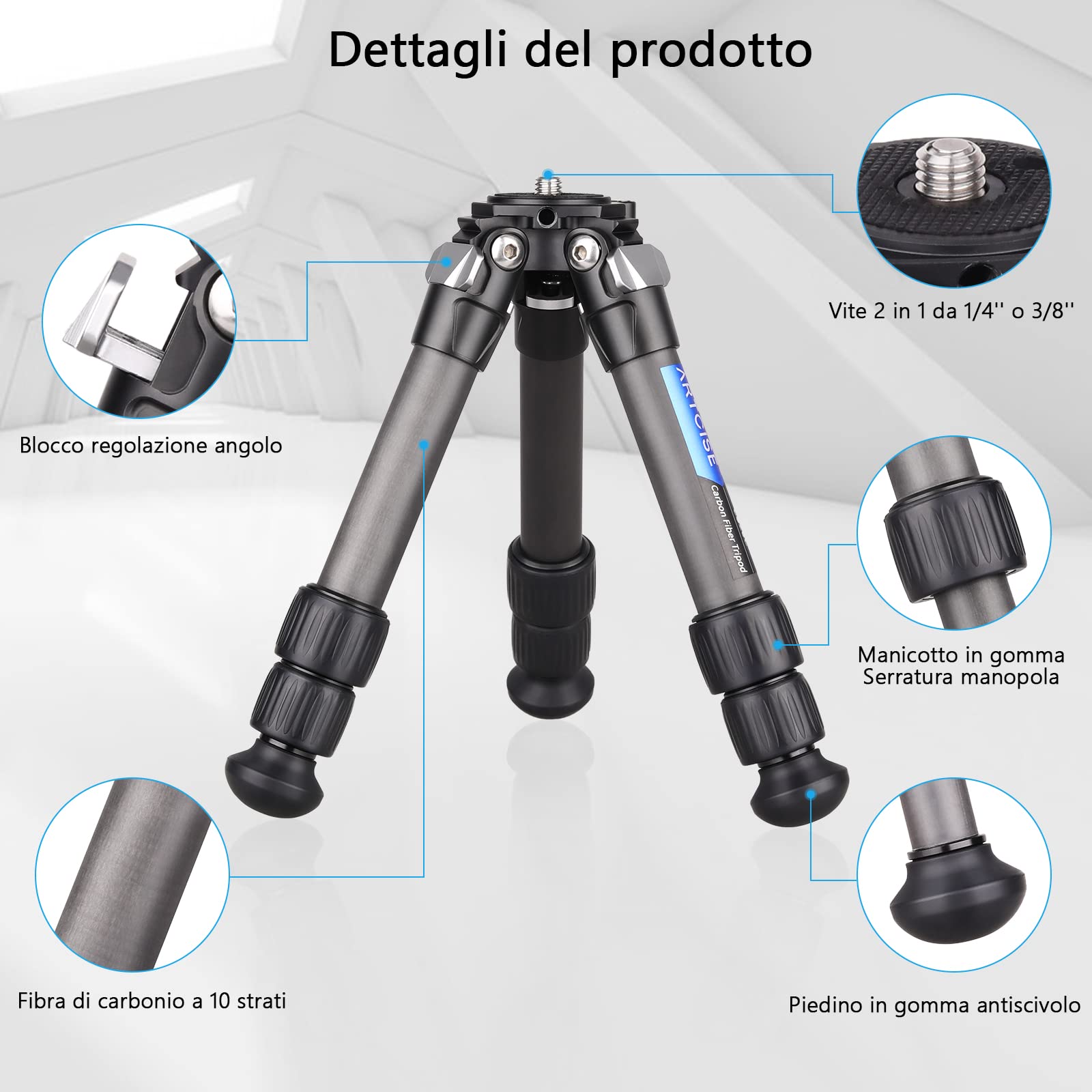 ARTCISE Mini treppiede in fibra di carbonio, treppiede da tavolo compatto e portatile, piccolo treppiede leggero per fotocamere, DLSR, capacità di carico massima 22lbs/10kg