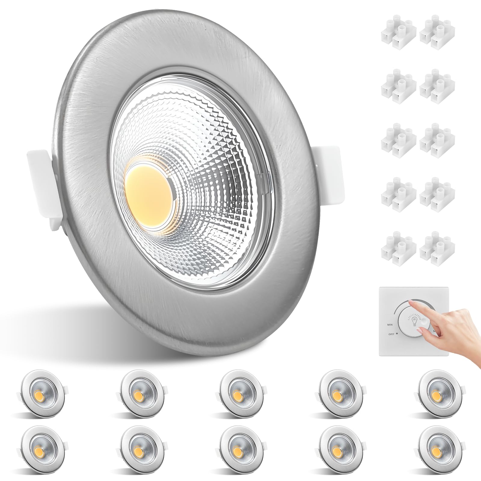 Allesgute 10X LED Downlights for Ceiling 10W Dimmable COB Ultra Slim Recessed Ceiling Lights Cool White 850lm Round Brushed Chrome 240V Spot Light for Bedroom Living Room