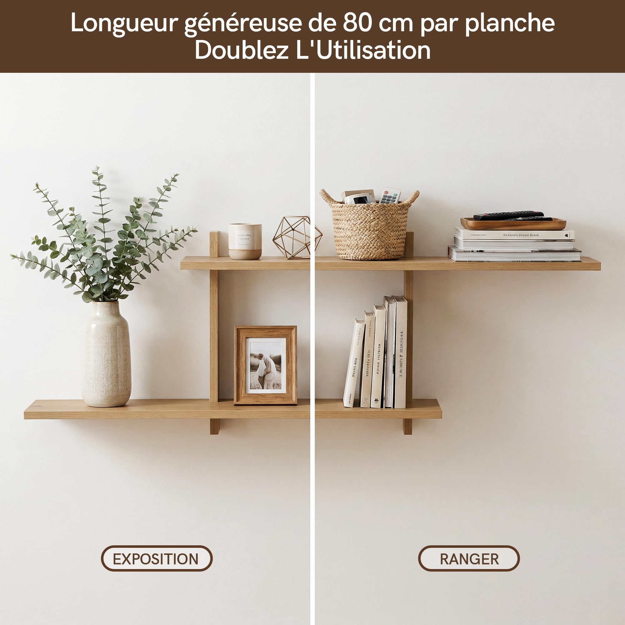Afuly Étagère Murale Réglable 2 Niveaux Chêne Blanc pour Salon Déco, 80 cm | Étagères flottantes réglables, pour livres, plantes et cadres, salon, chambre, cuisine et salle de bain