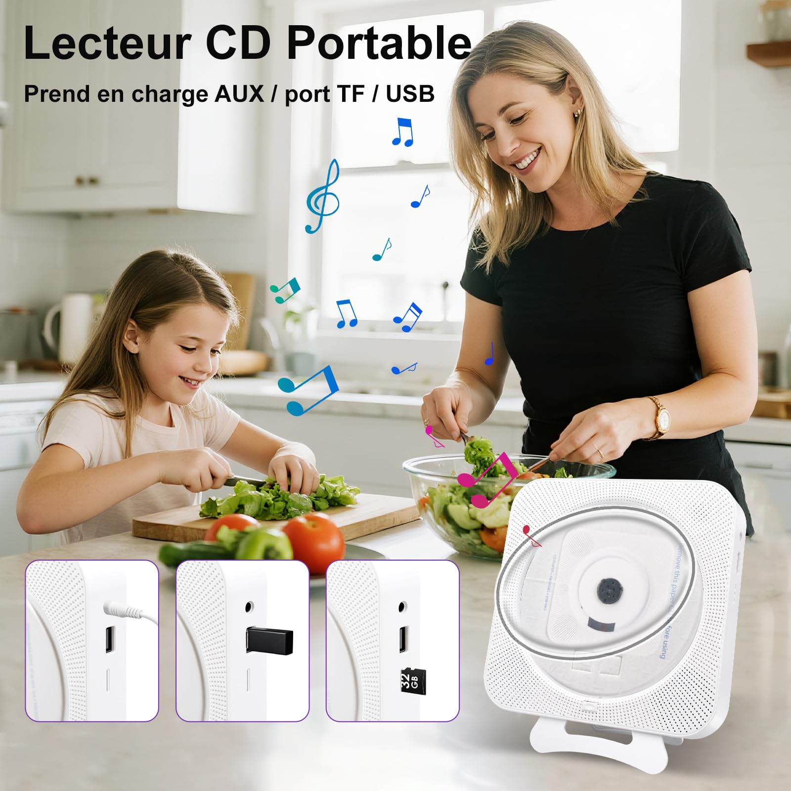 Lecteur CD Portable Bluetooth, Lecteur de CD de Bureau avec Haut-Parleur HiFi Intégrés, écran LED Audio avec Télécommande Prise Radio FM USB AUX, Blanc