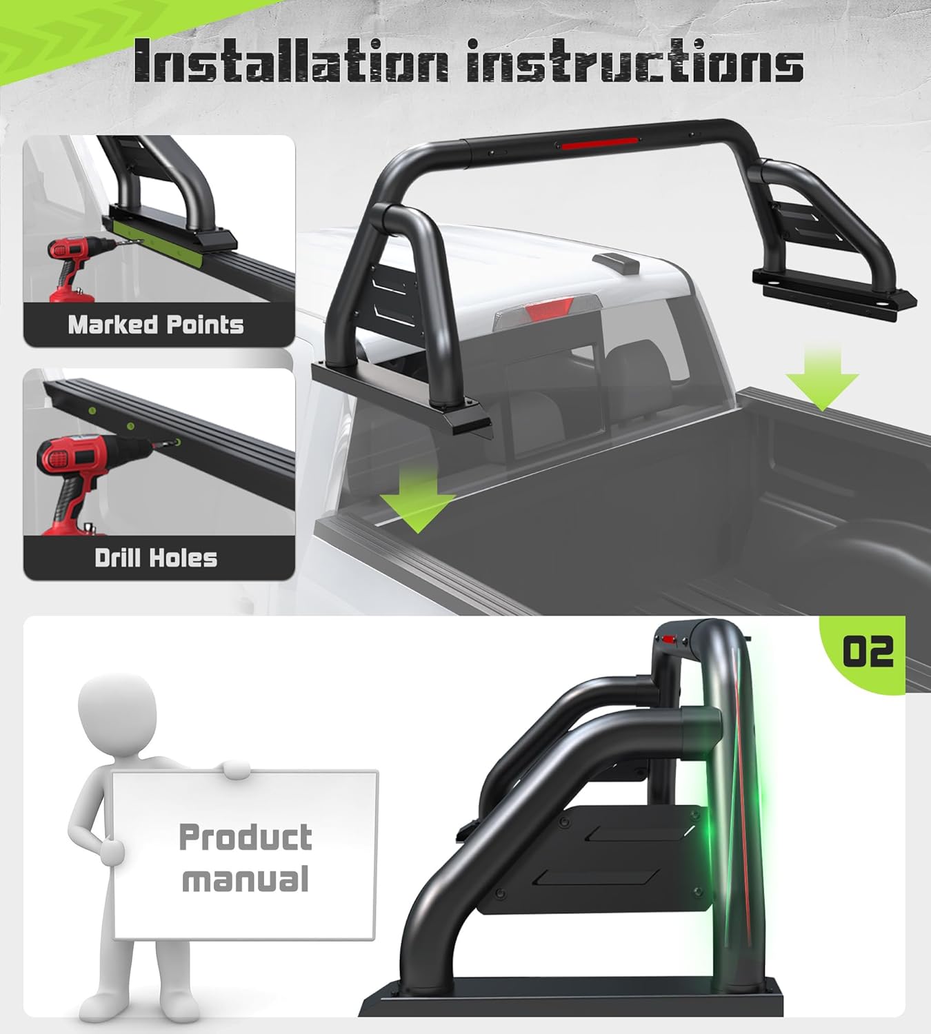 StarONE Adjustable Truck Bed Sport Roll Bar,Chase Rack with Brake Lights fit for Full Size Pickup Trucks