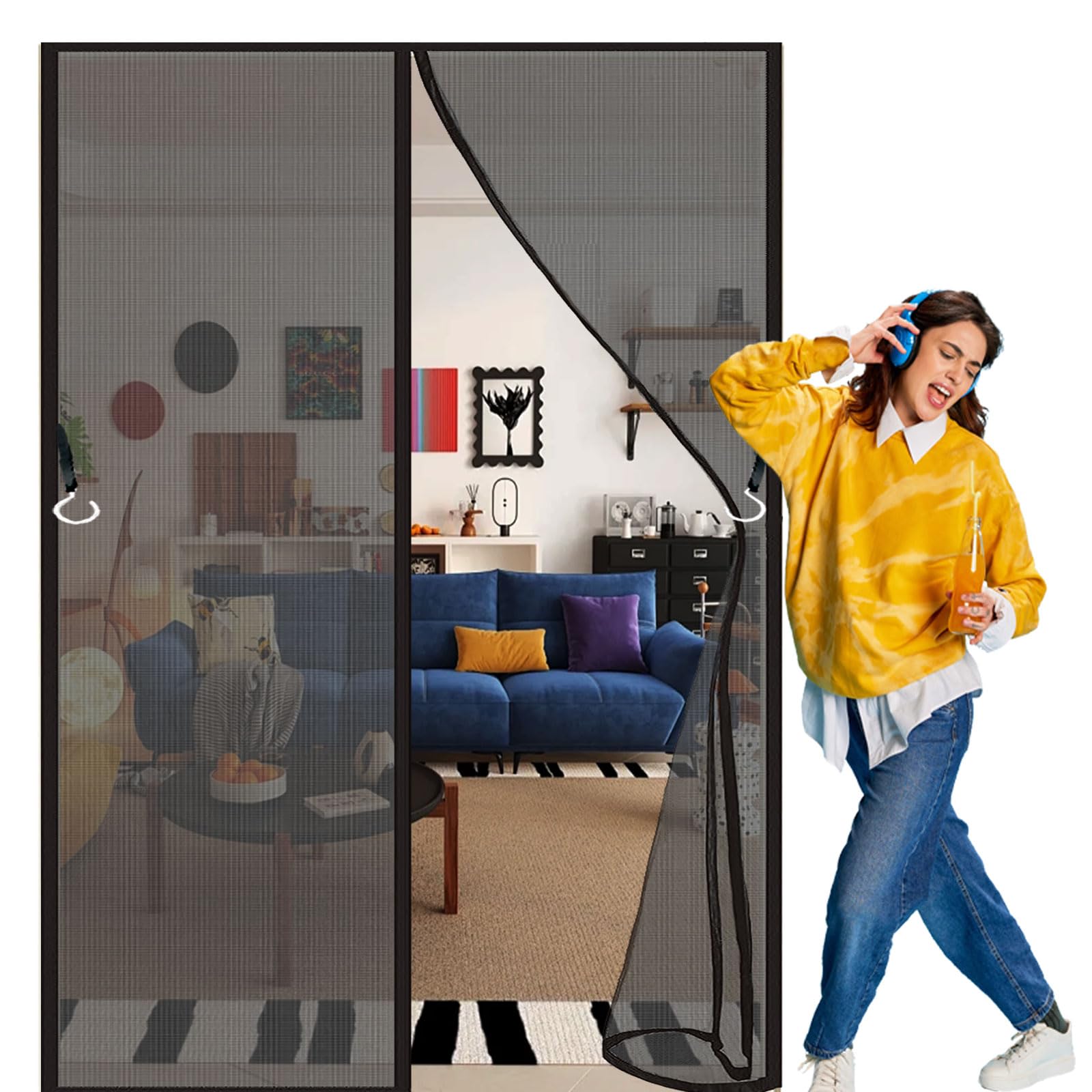 Guojun Black Fly Screens Doors 60 X 275 Cm Powerful Magnets And Full Frame Magic Tape Screen Mesh Curtain Easy To Install Without Drilling For Patio Bedroom Sliding Kitchen,
