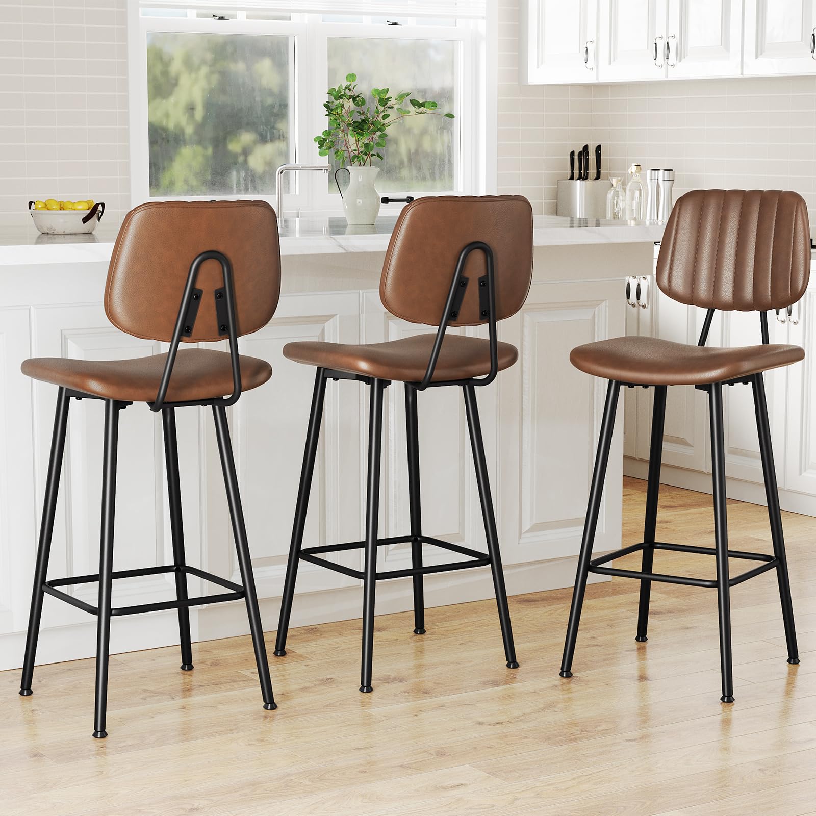 Raynesys 29-Inch Leather Bar Stools Set of 3, Counter Height Barstools with High Backrest，Bar Chairs for Kitchen Island with Heavy Duty Metal Legs,