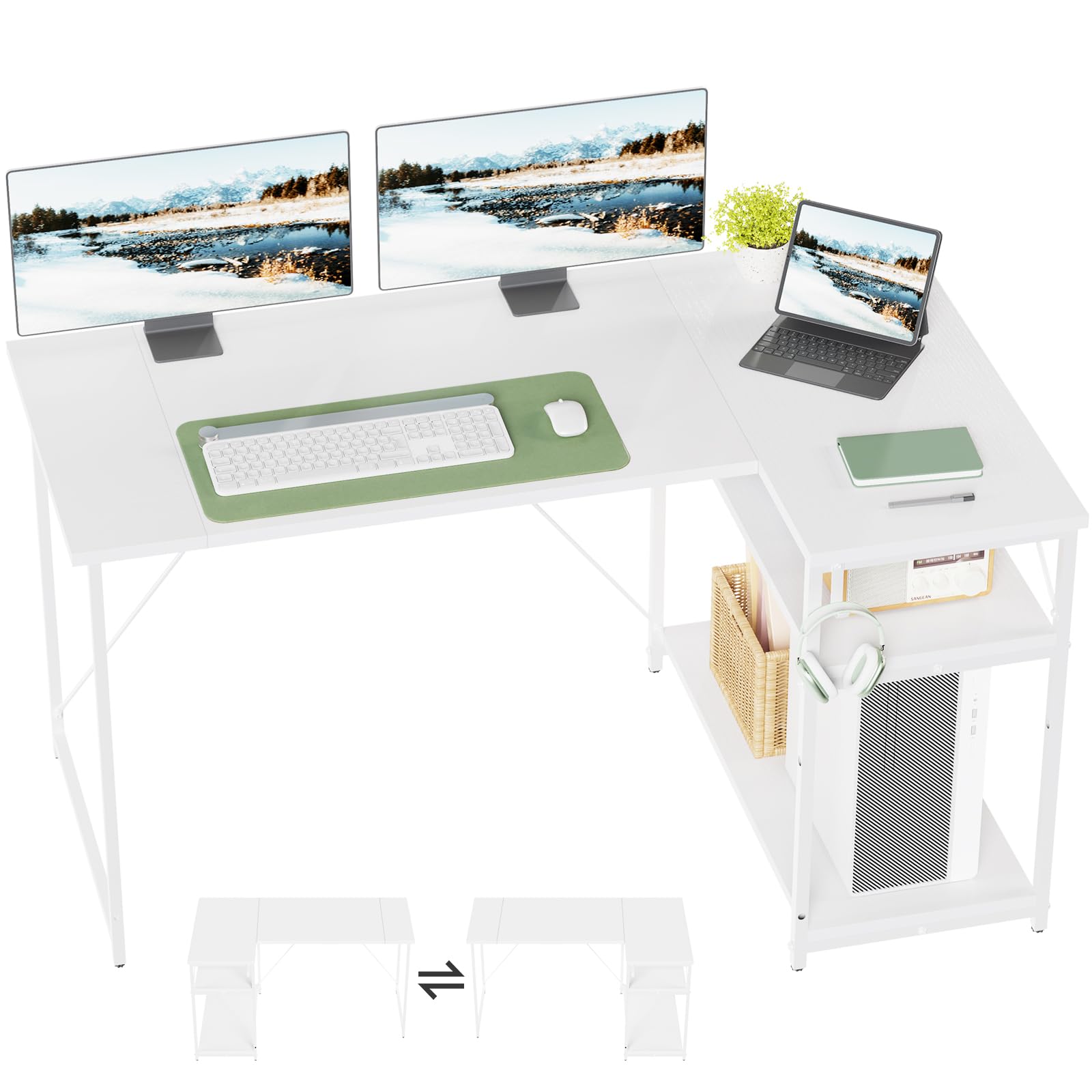 TRIUMPHKEY Scrivania ad Angolo Reversibile 140 x 80cm, Scrivania a Forma di L con Ripiani,Tavolo da Lavoro,Struttura in Acciaio, per Computer, Ufficio, Studio and Soggiorno, Bianco