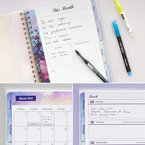 Miniatura 6 de Arteza Agenda mensual 2022, 205 páginas interiores, diseño floral de acuarela, 9.1 x 7.3 pulgadas, planificador de 12 meses, suministros de oficina