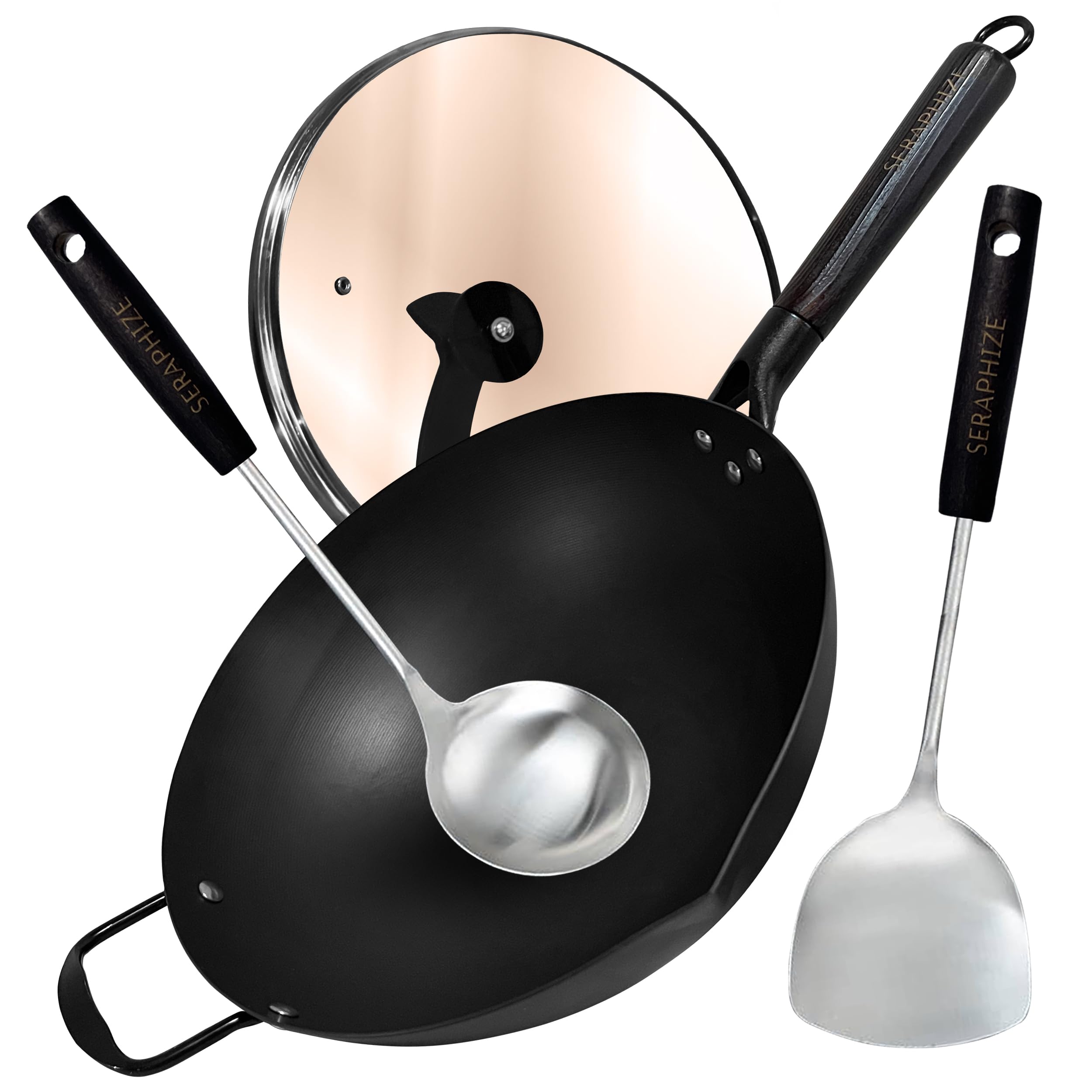 Seraphize with Lid 34cm | Nitriding Technology Carbon Steel Frying Pan with Spoon, Spatula & Pan Lid, Frying Pan with Lid, Induction Hob Wok, Beach Wooden Handle, Stainless Steel Wok (3, 32 CM)