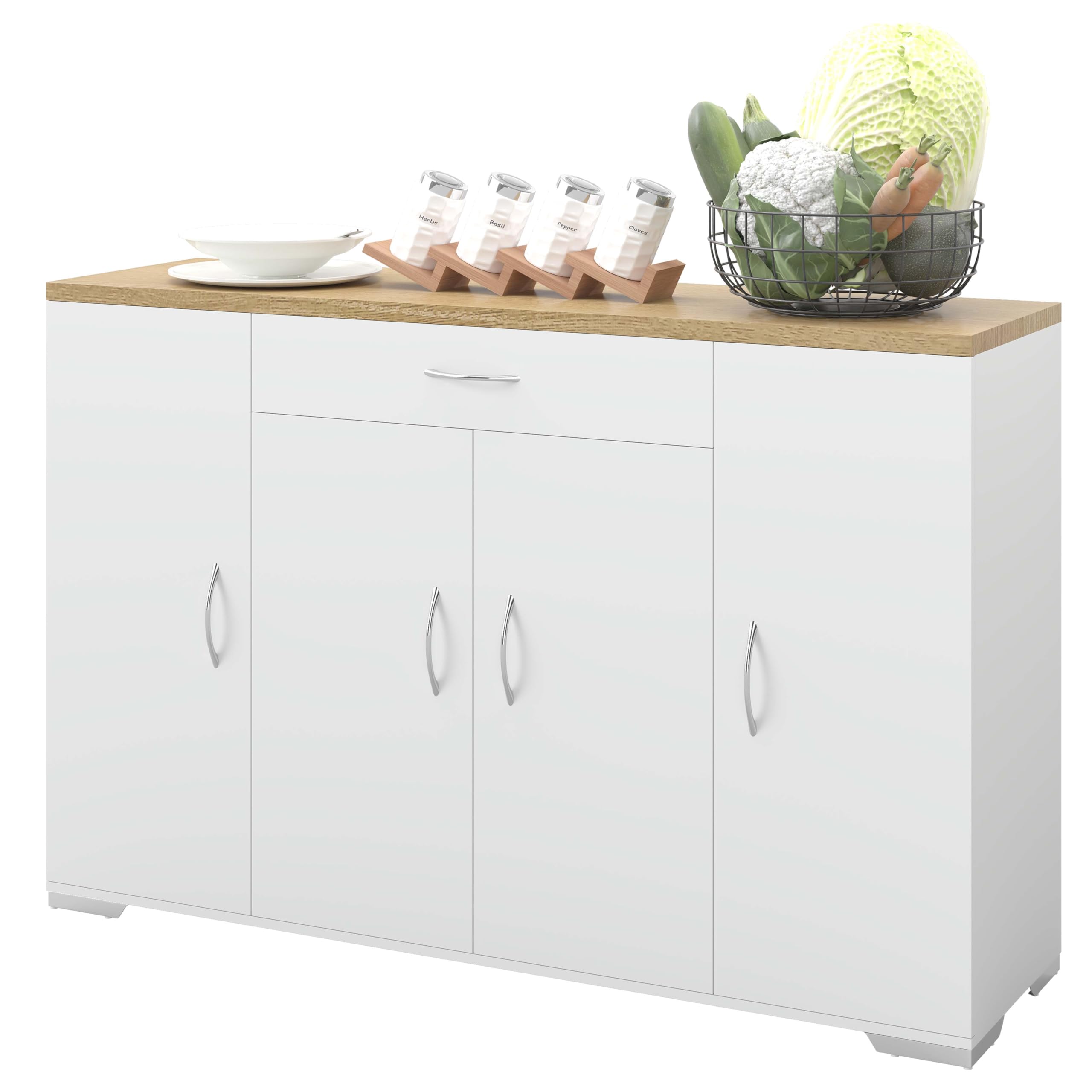 Credenza Cucina Bianca con Piano di Lavoro 110 x 30 x 70 cm Mobile Cucina Salvaspazio con Cassetto e 4 Ante Dispensa Cucina Madia Soggiorno Sala da Pranzo Moderna